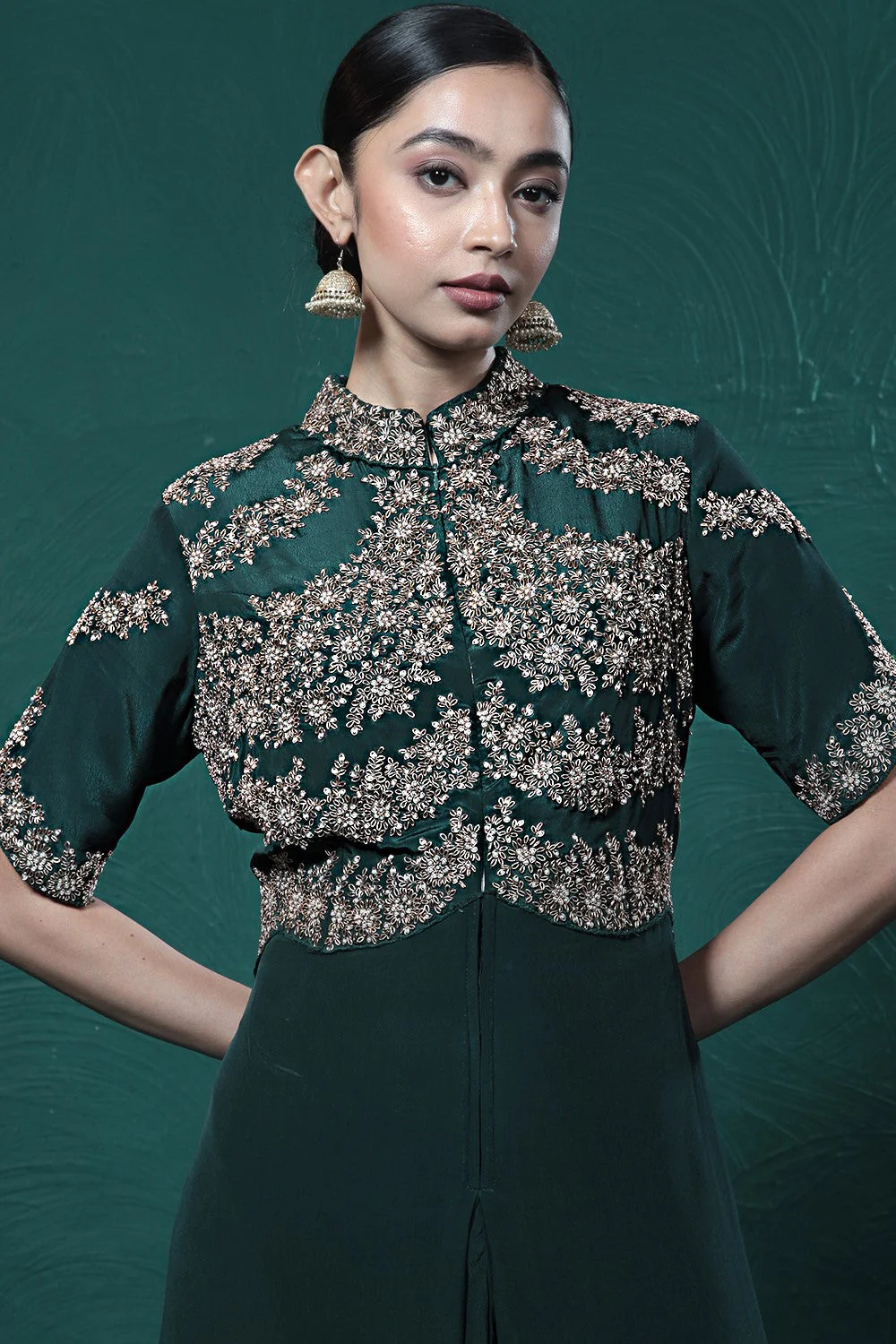Deep Green Embroidered Crepe Silk Jumpsuit - Image 6