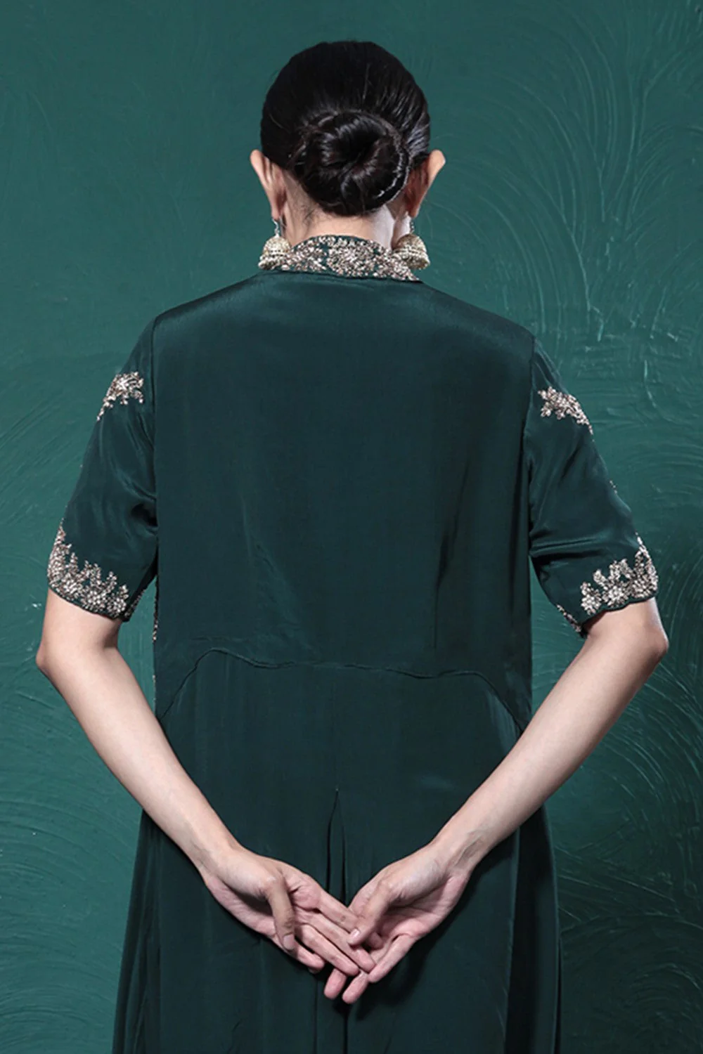 Deep Green Embroidered Crepe Silk Jumpsuit - Image 9