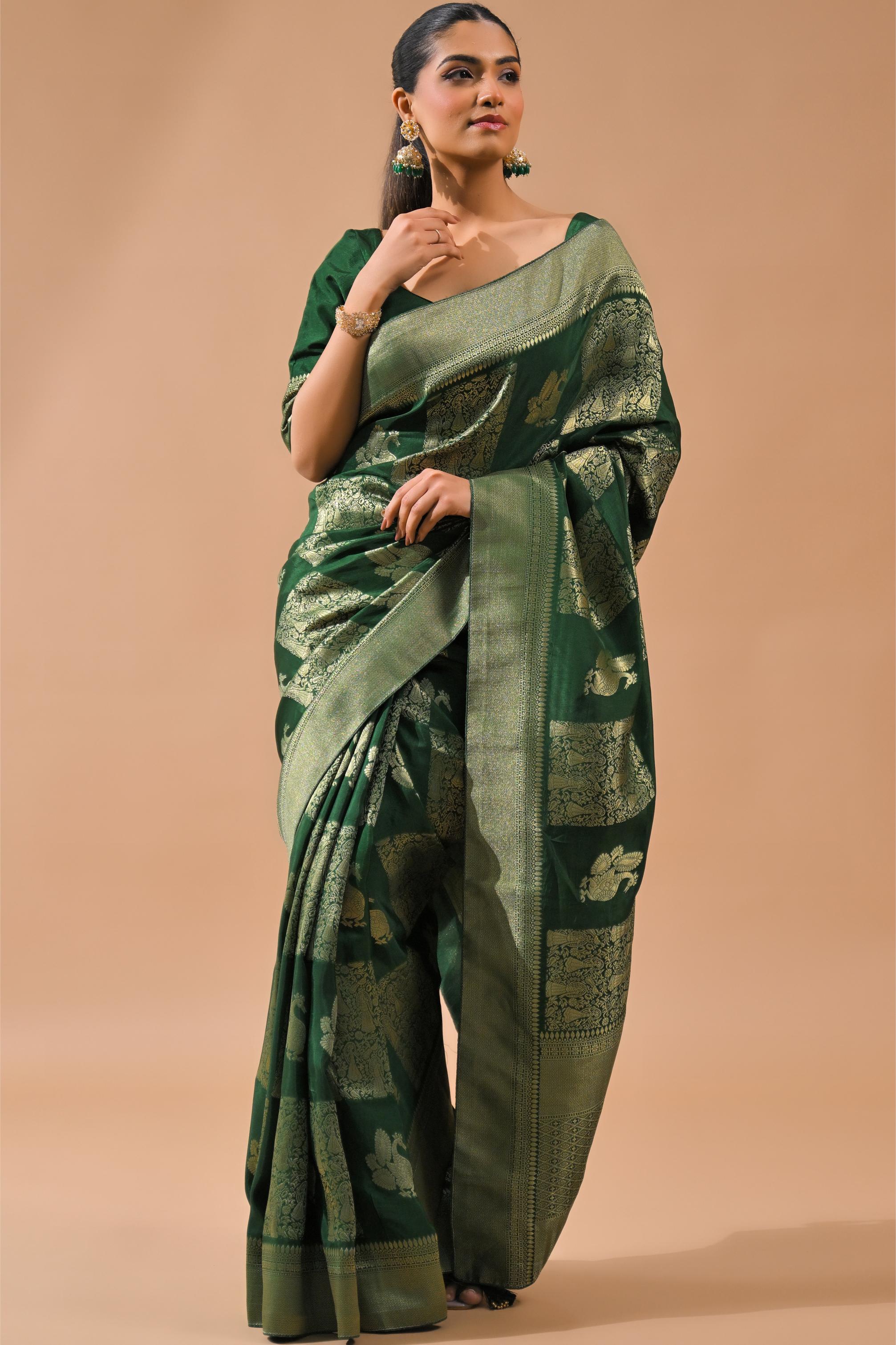 Deep Green Embroidered Dola Silk Saree - Image 3
