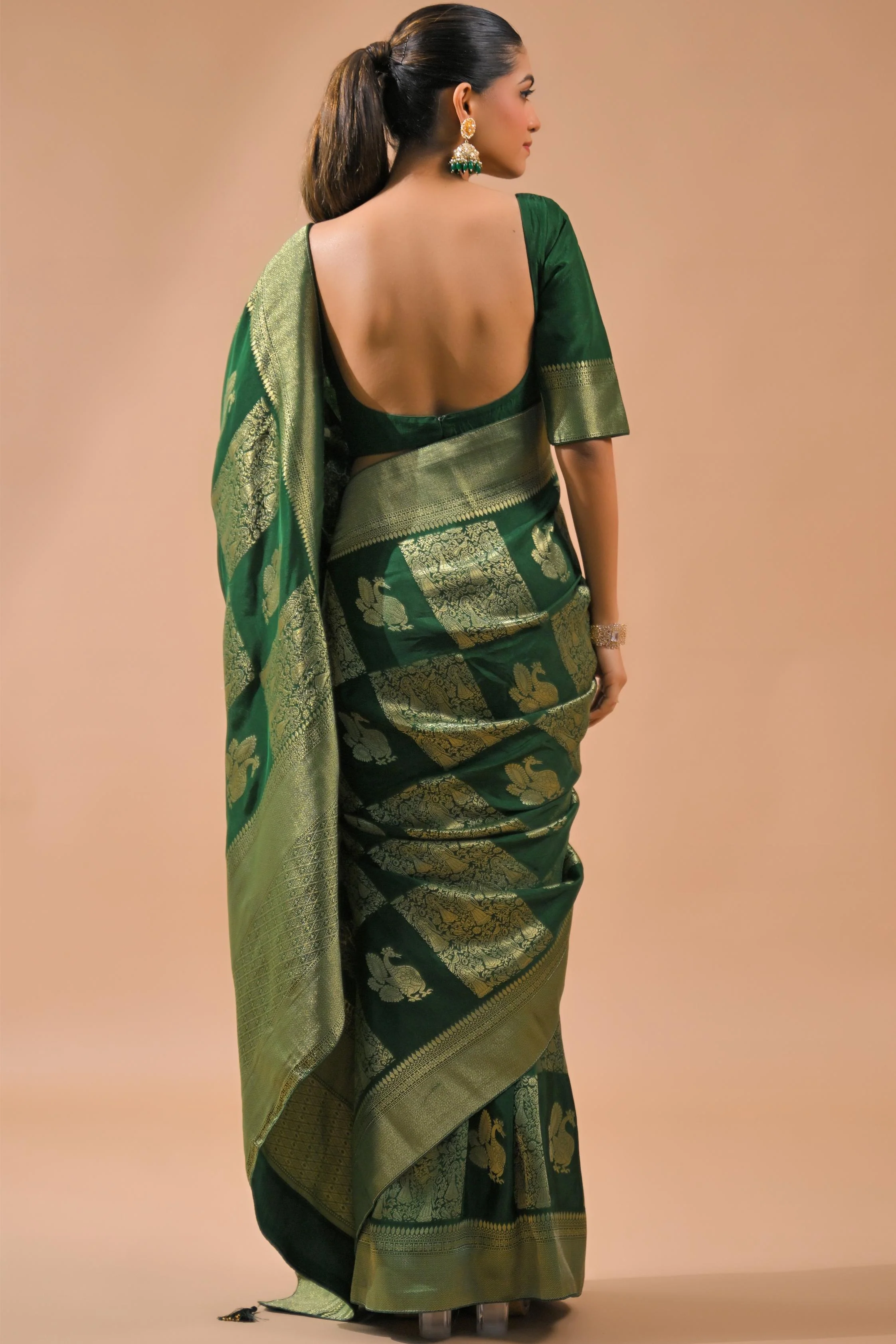 Deep Green Embroidered Dola Silk Saree - Image 4