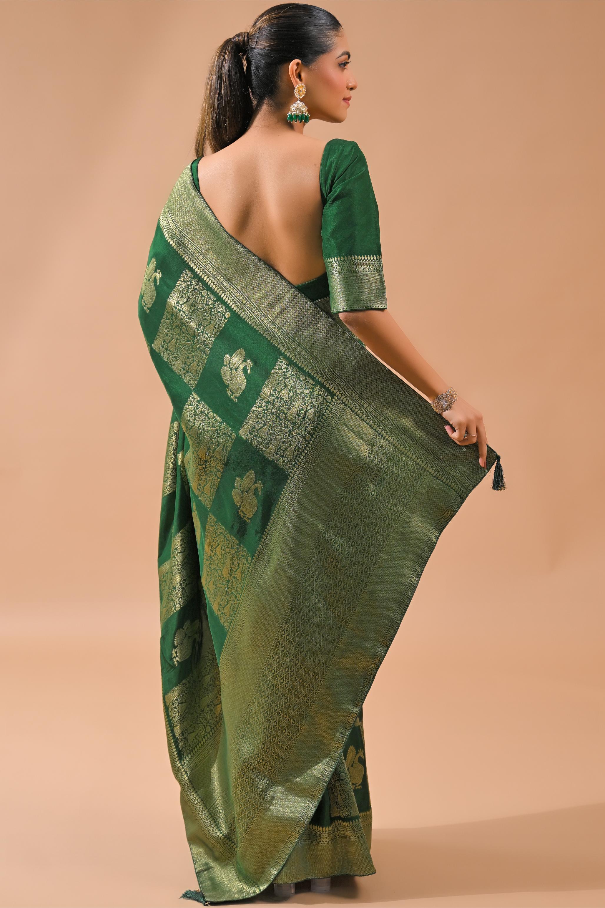 Deep Green Embroidered Dola Silk Saree - Image 5