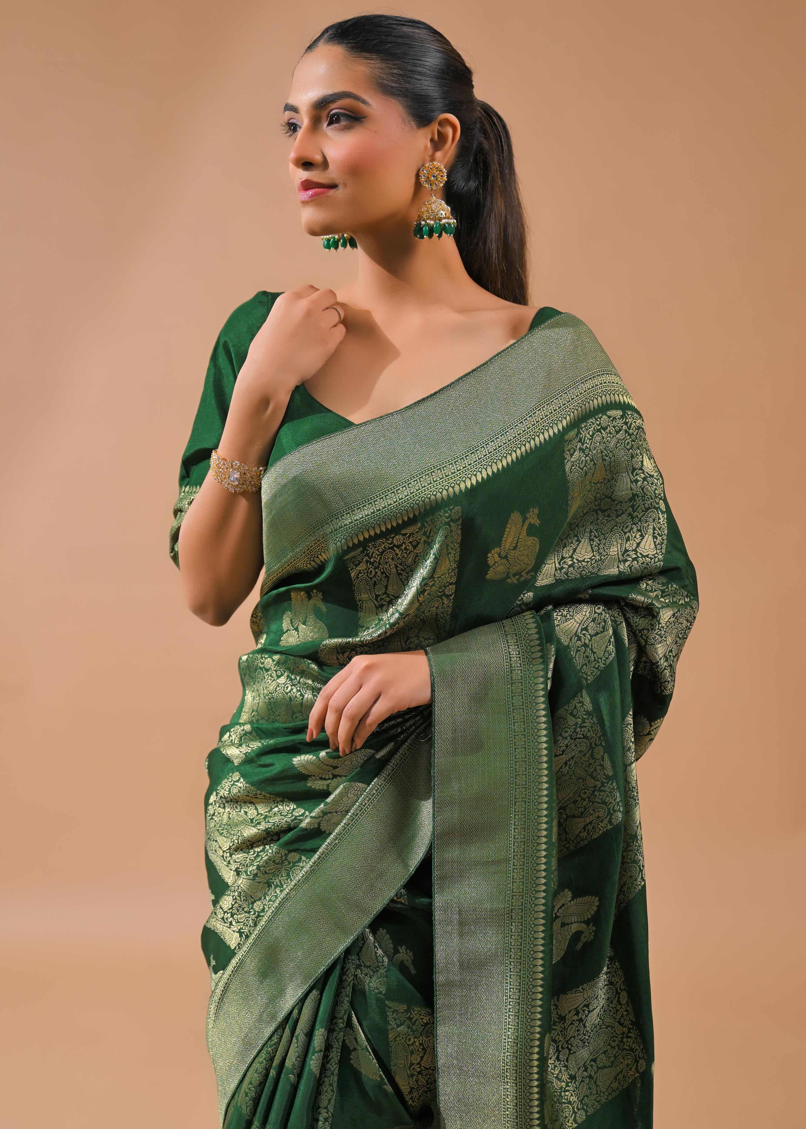 Deep Green Embroidered Dola Silk Saree - Image 6