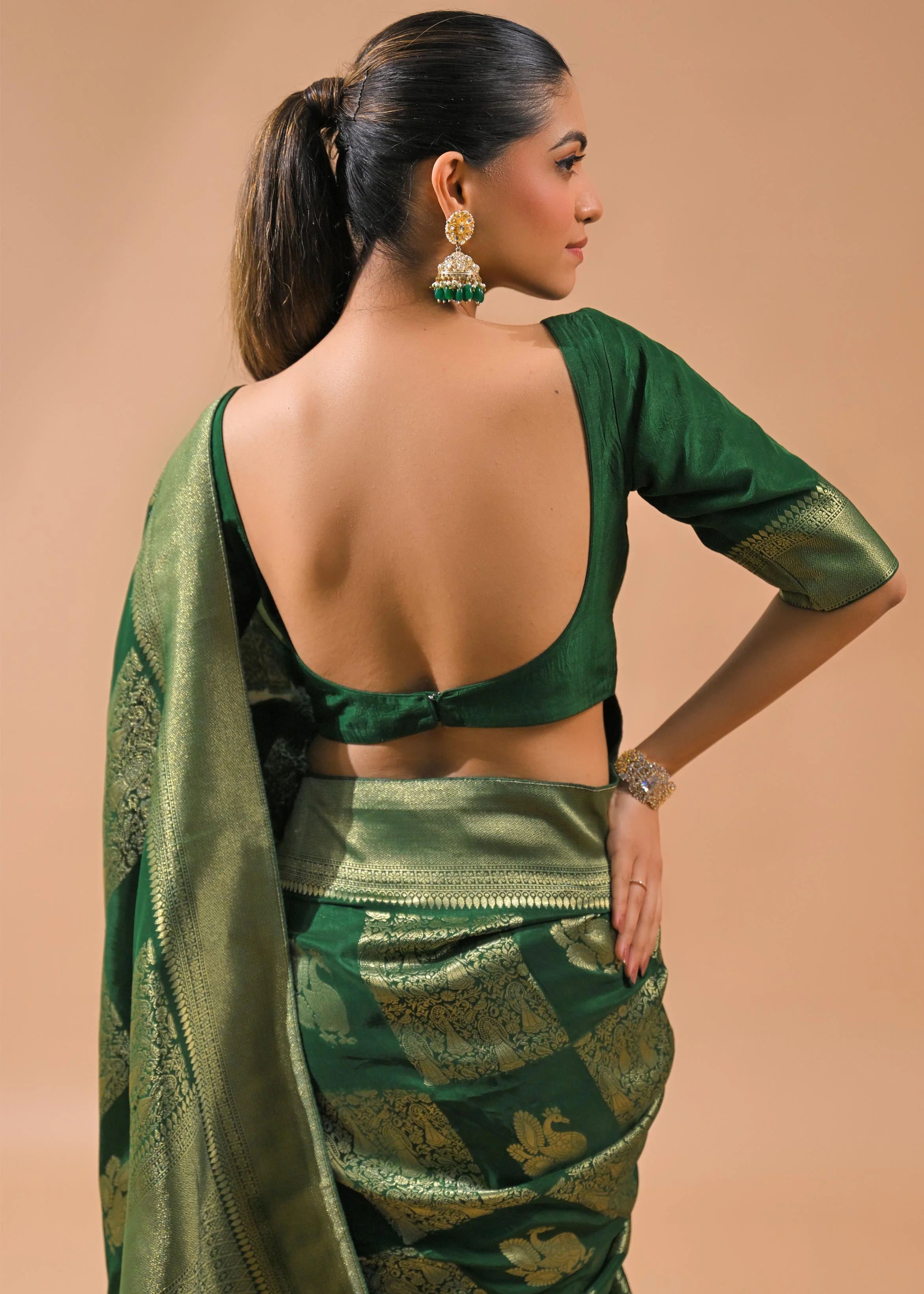 Deep Green Embroidered Dola Silk Saree - Image 7