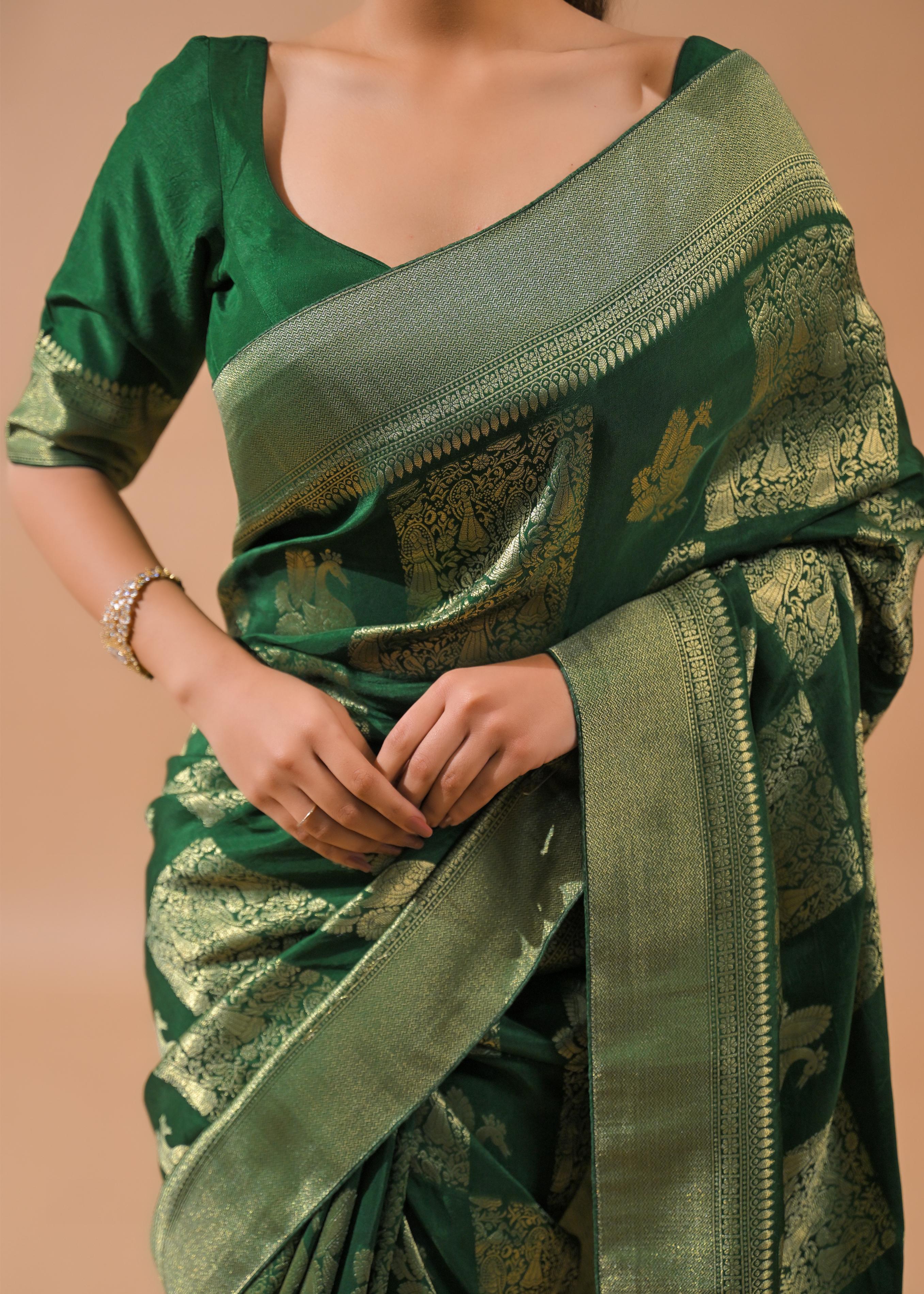Deep Green Embroidered Dola Silk Saree - Image 8