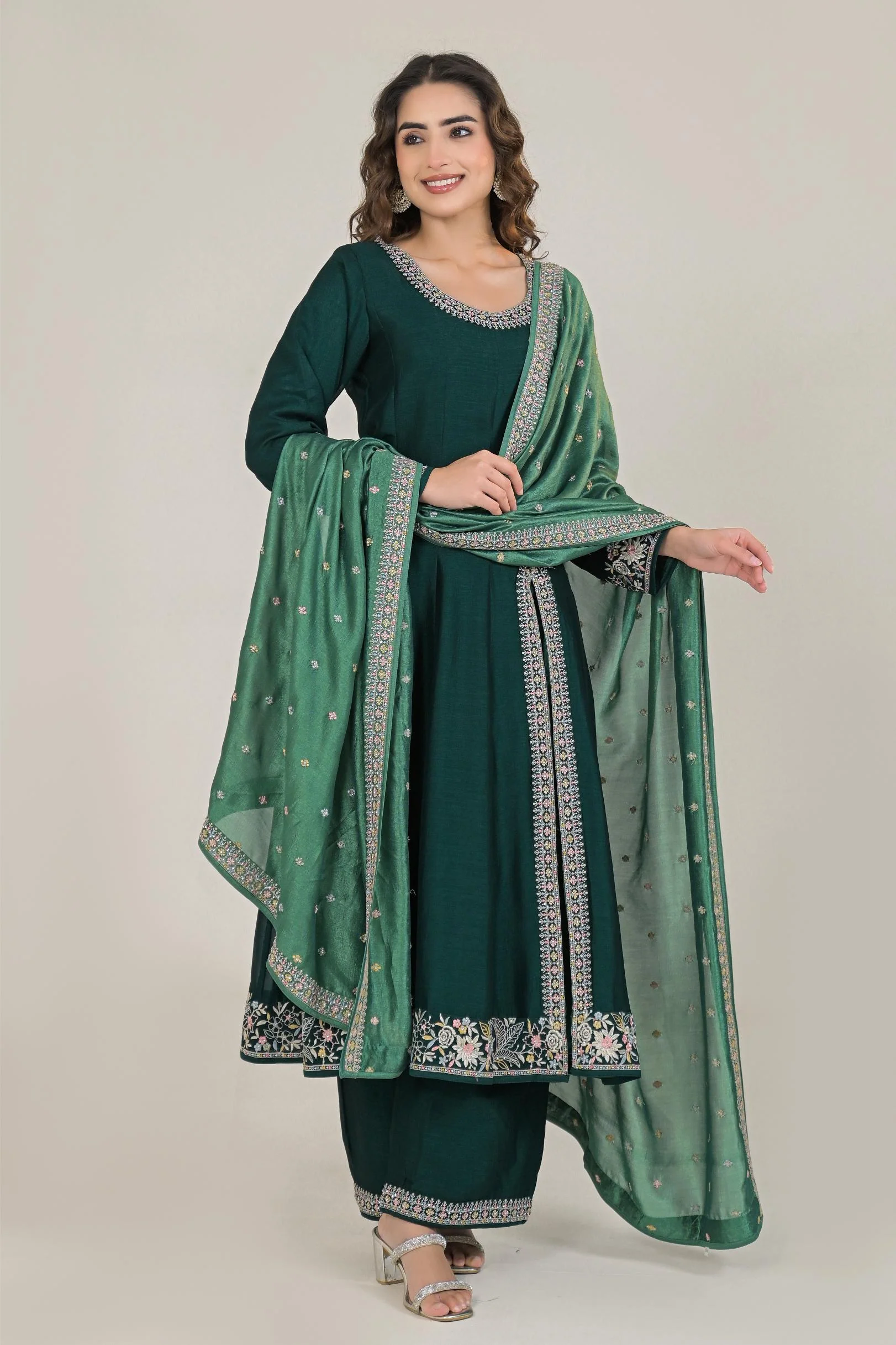 Deep Green Embroidered Premium Silk Anarkali Set - Image 3