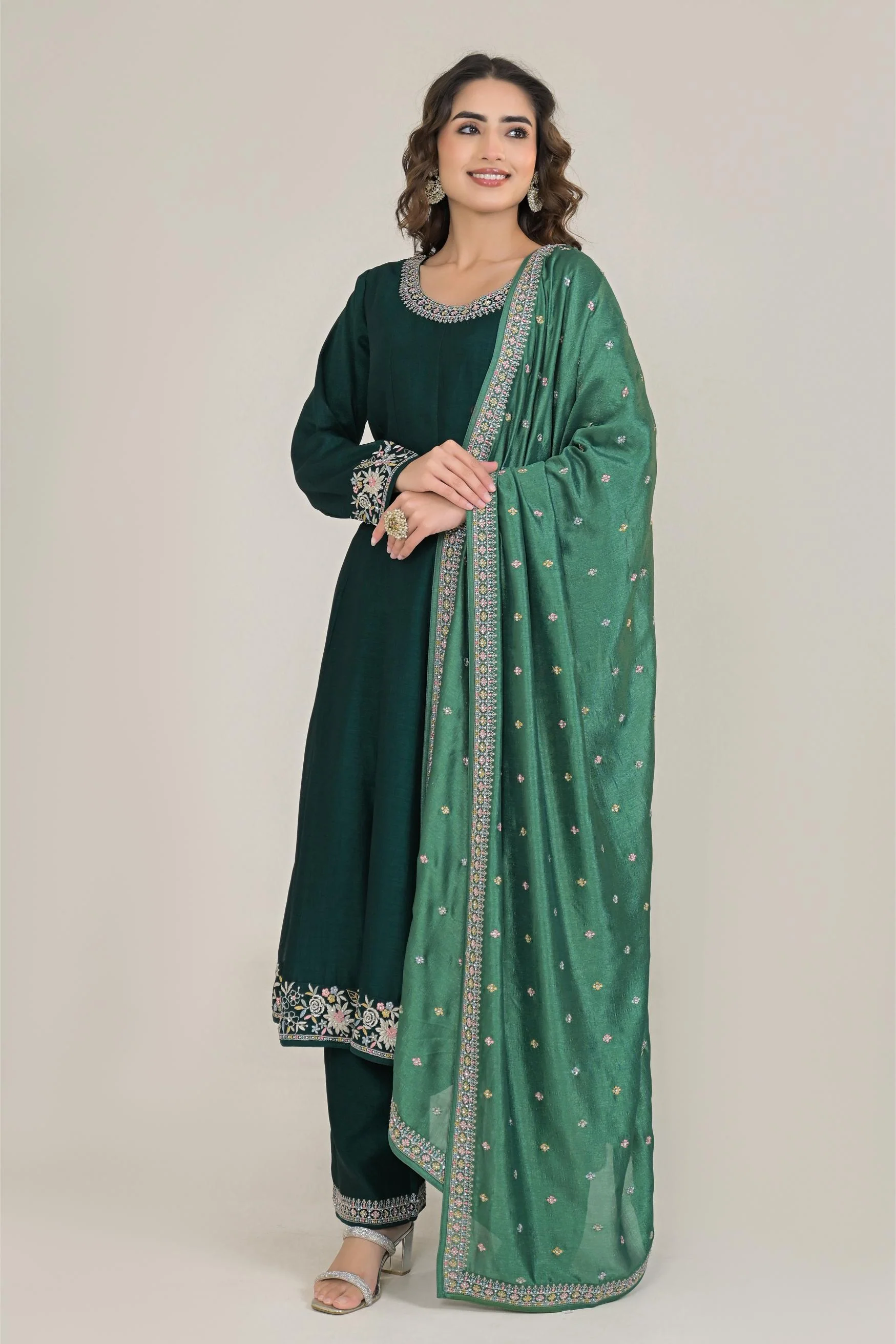 Deep Green Embroidered Premium Silk Anarkali Set - Image 4