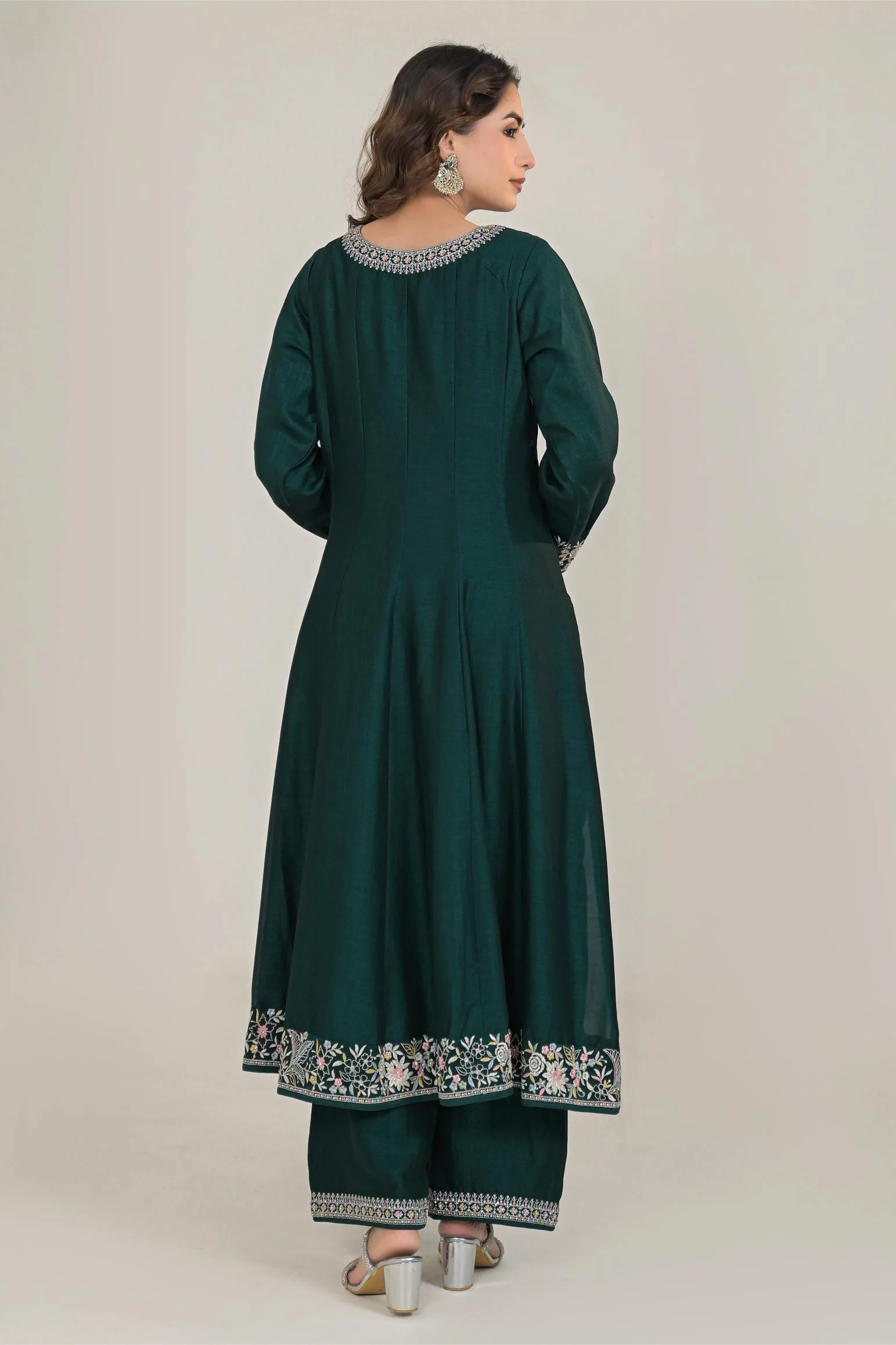 Deep Green Embroidered Premium Silk Anarkali Set - Image 5