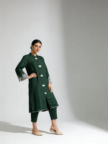 Deep Green Embroidered Raw Silk Kurta Set