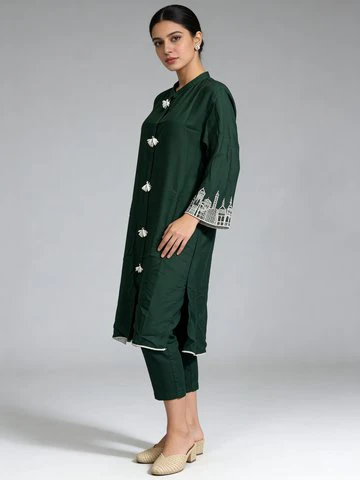 Deep Green Embroidered Raw Silk Kurta Set - Image 2