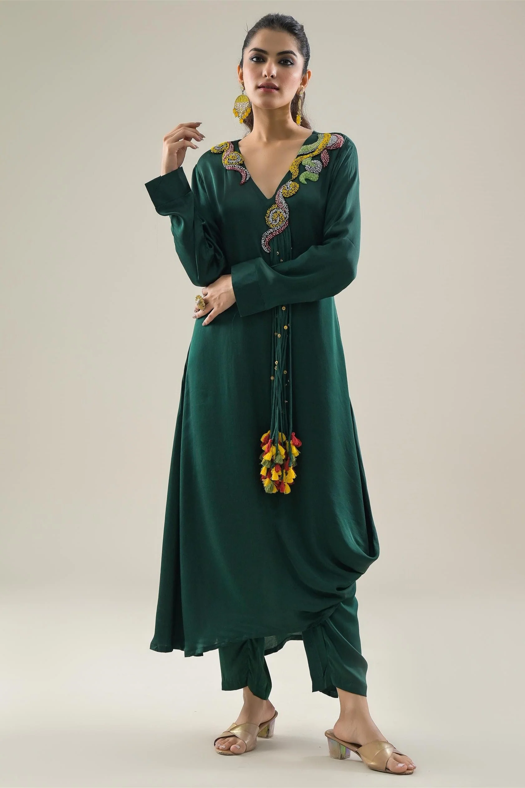 Deep Green Embroidered Satin Silk Kurta & Pants Set - Image 3