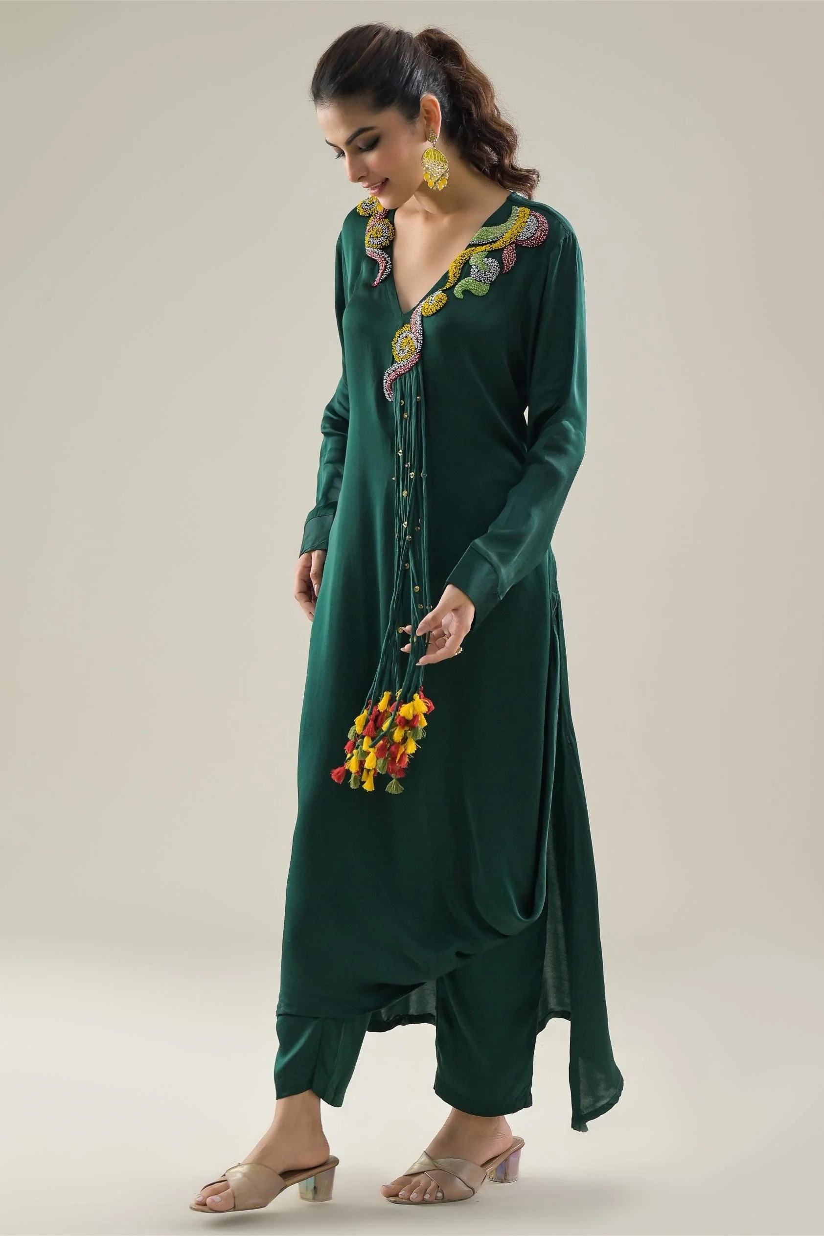 Deep Green Embroidered Satin Silk Kurta & Pants Set - Image 4