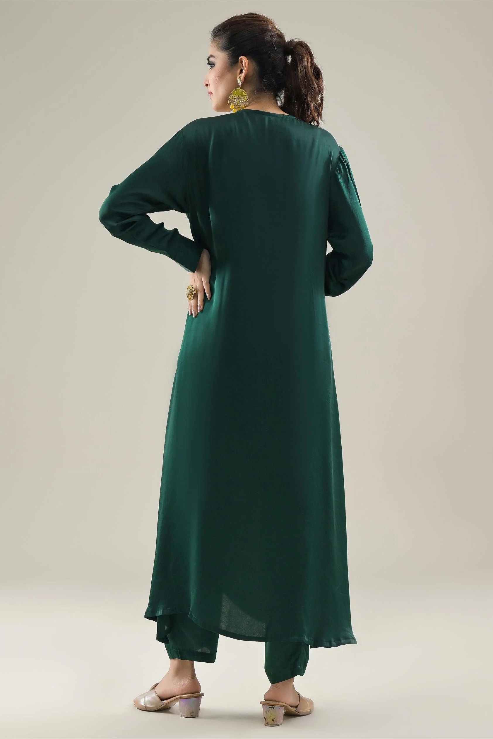 Deep Green Embroidered Satin Silk Kurta & Pants Set - Image 5