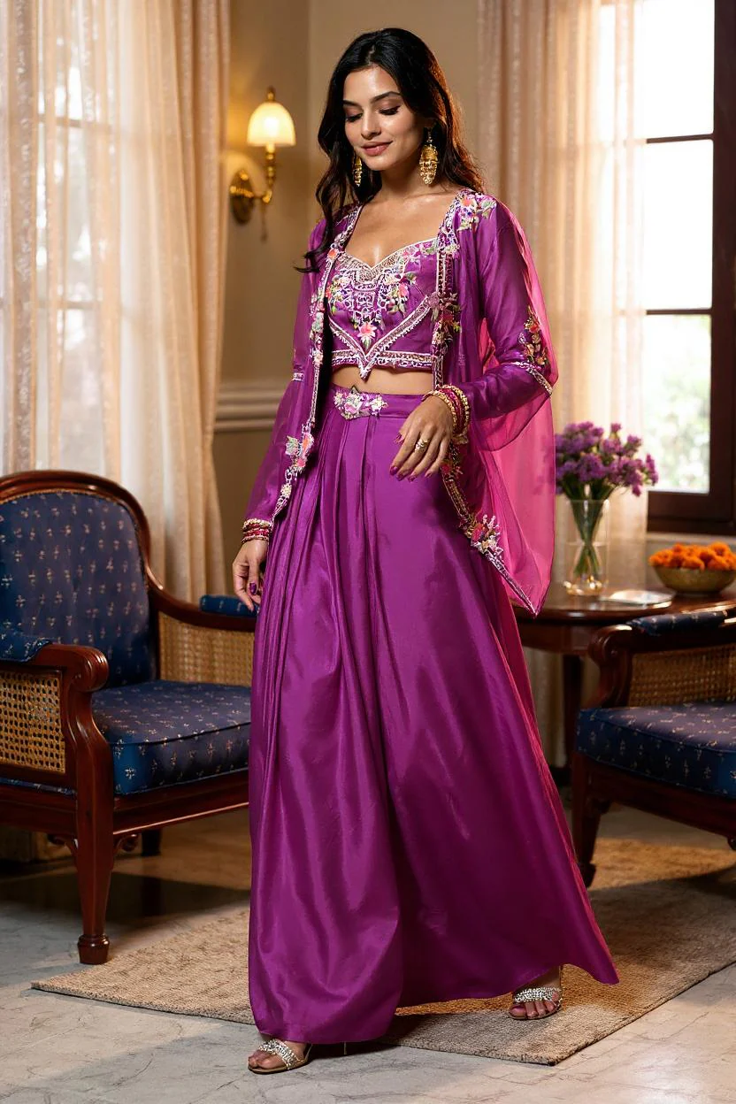 Purple Embellished Viscose Silk Skirt Set - Image 3