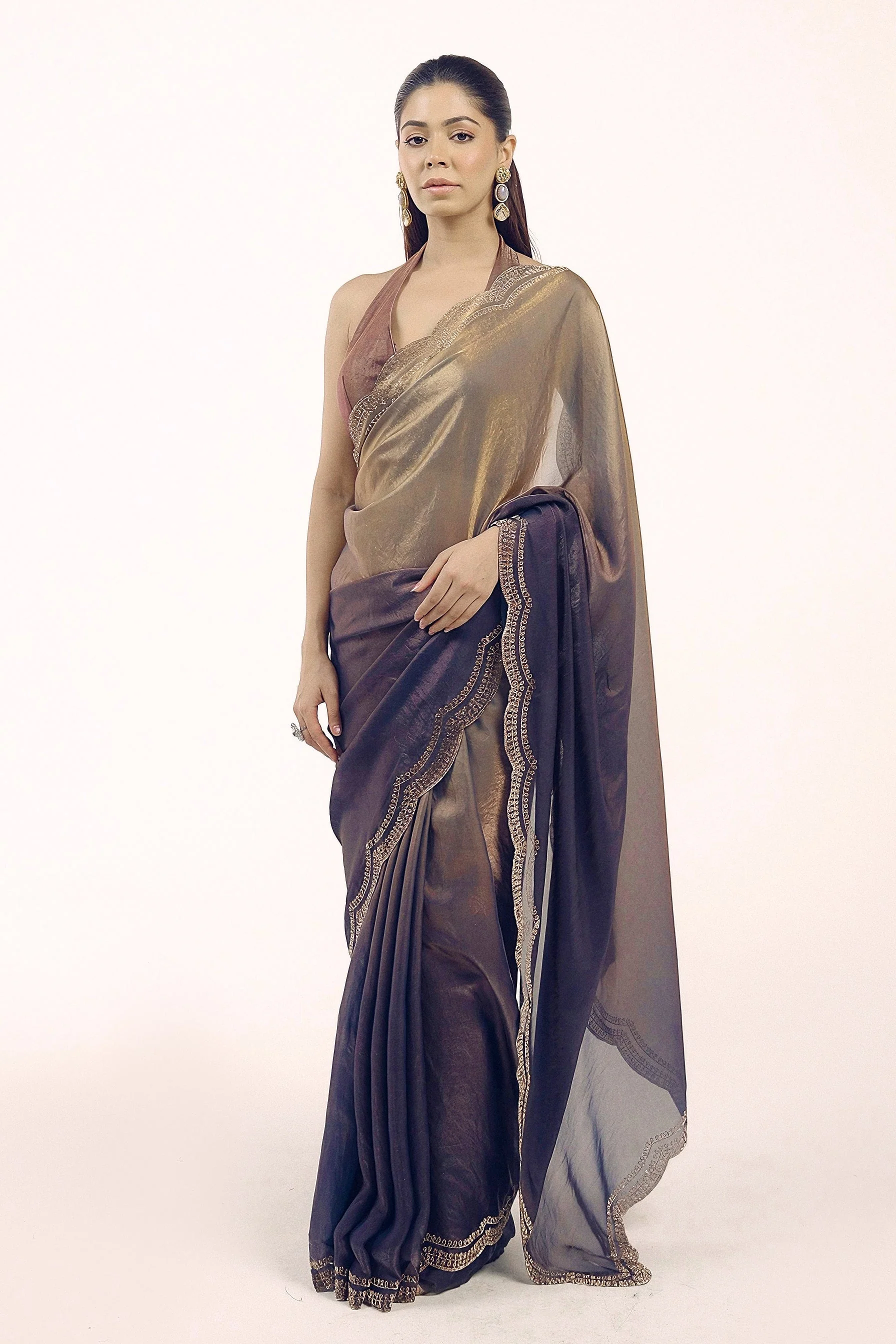 Deep Grey To Blue Ombre Shimmer Tissue Silk Saree - Image 3