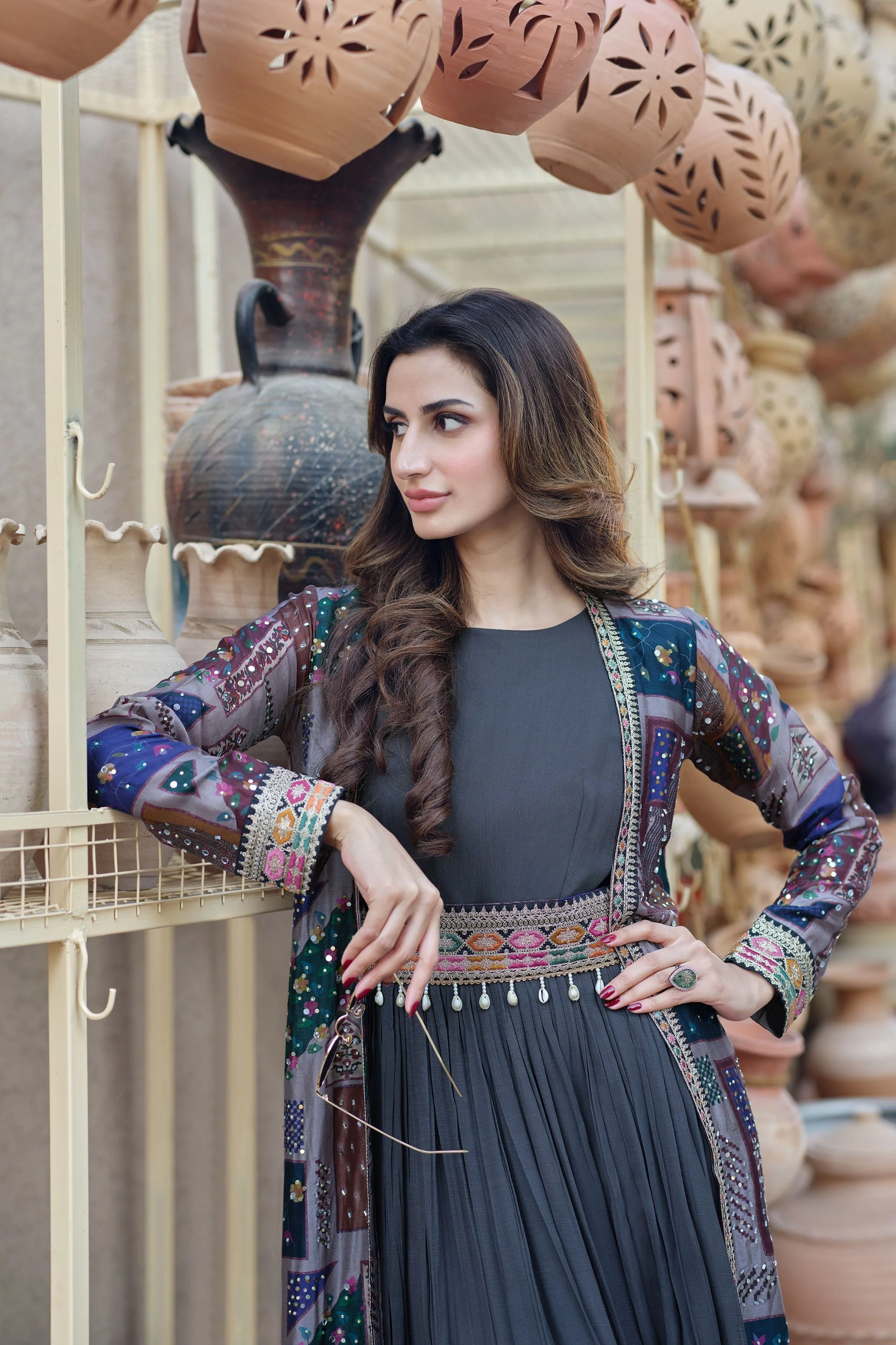 Deep Grey Traditional Printed Jacket Gown - Image 2