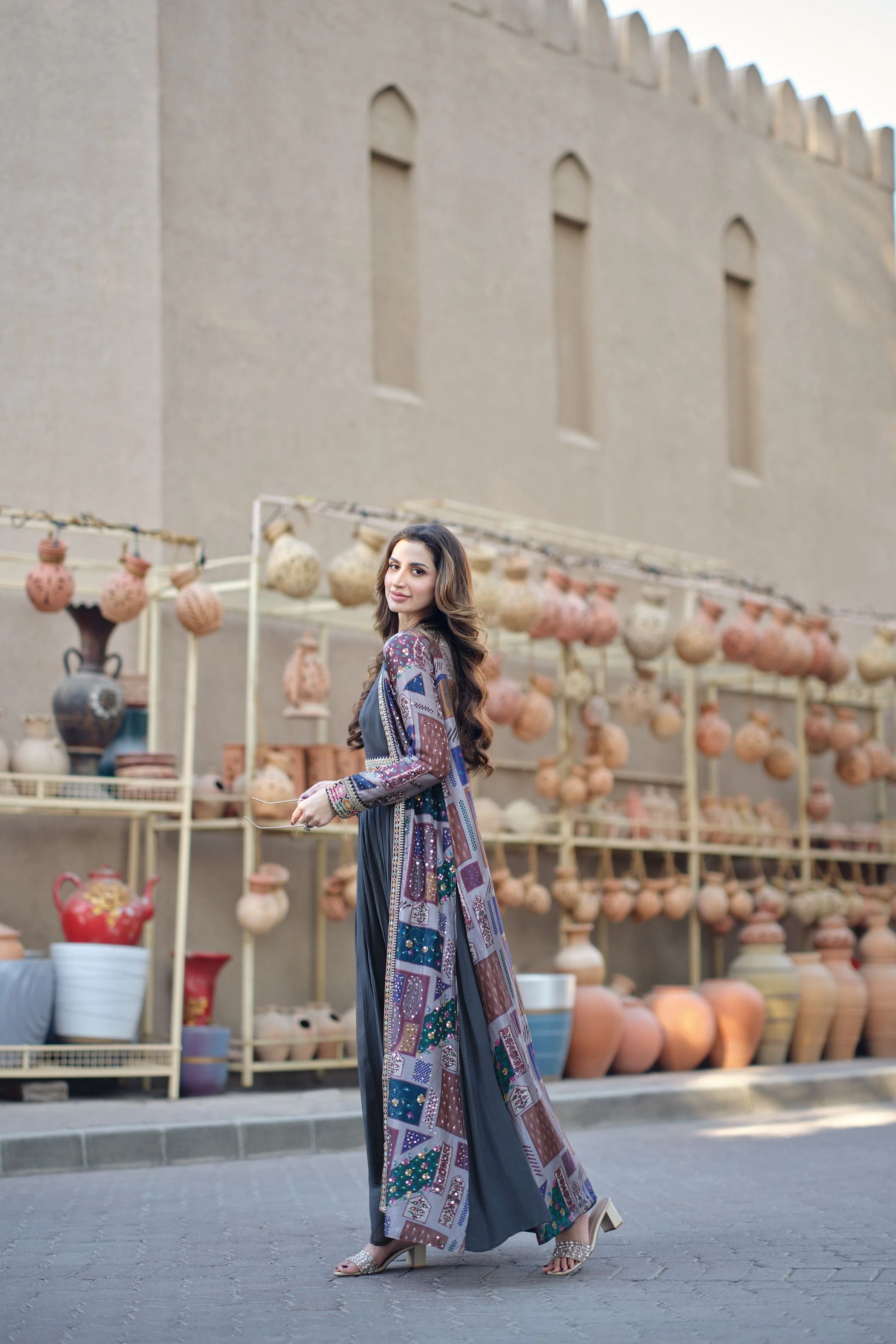 Deep Grey Traditional Printed Jacket Gown - Image 3