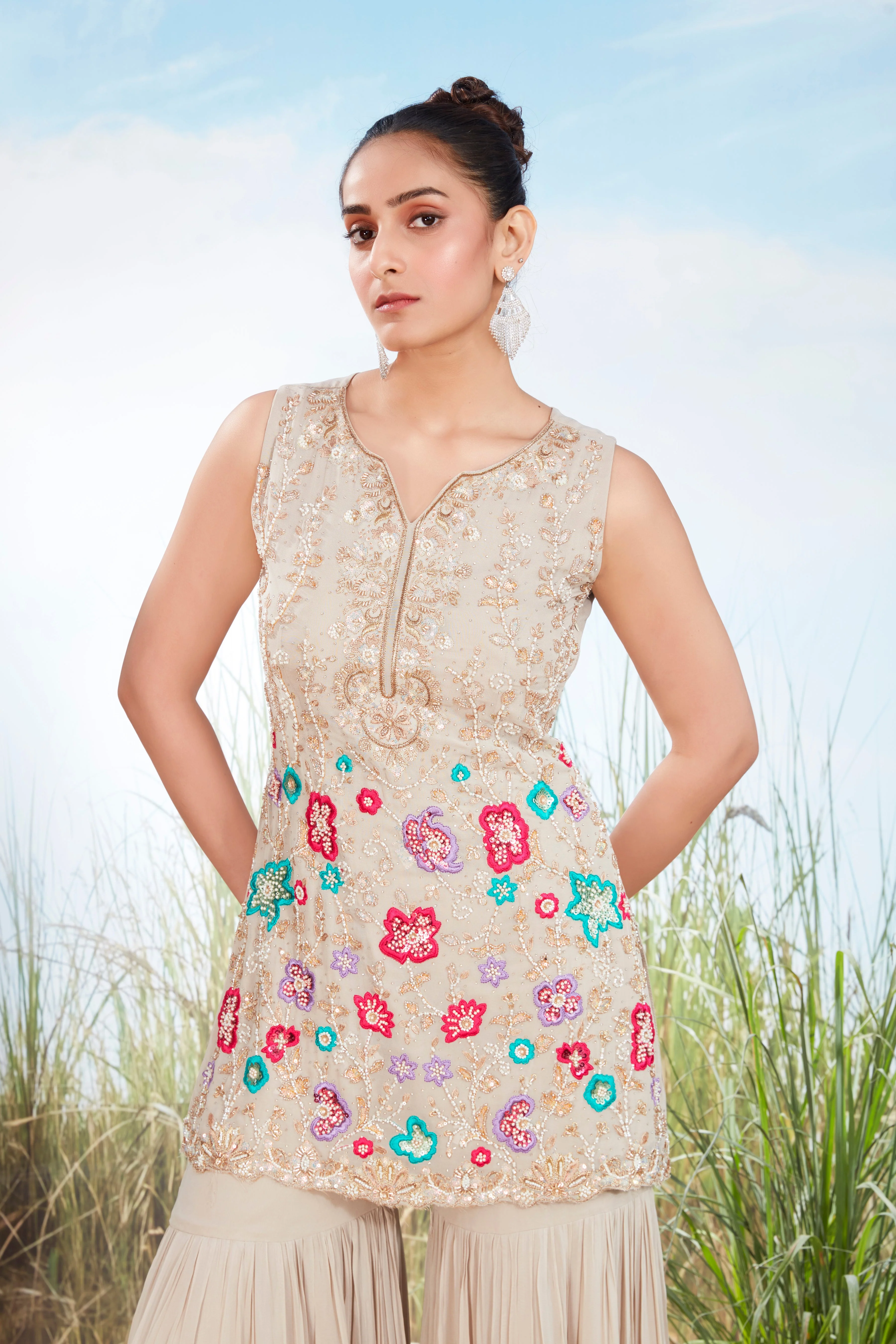 Light Beige Embellished Georgette Silk Sharara Set - Image 2