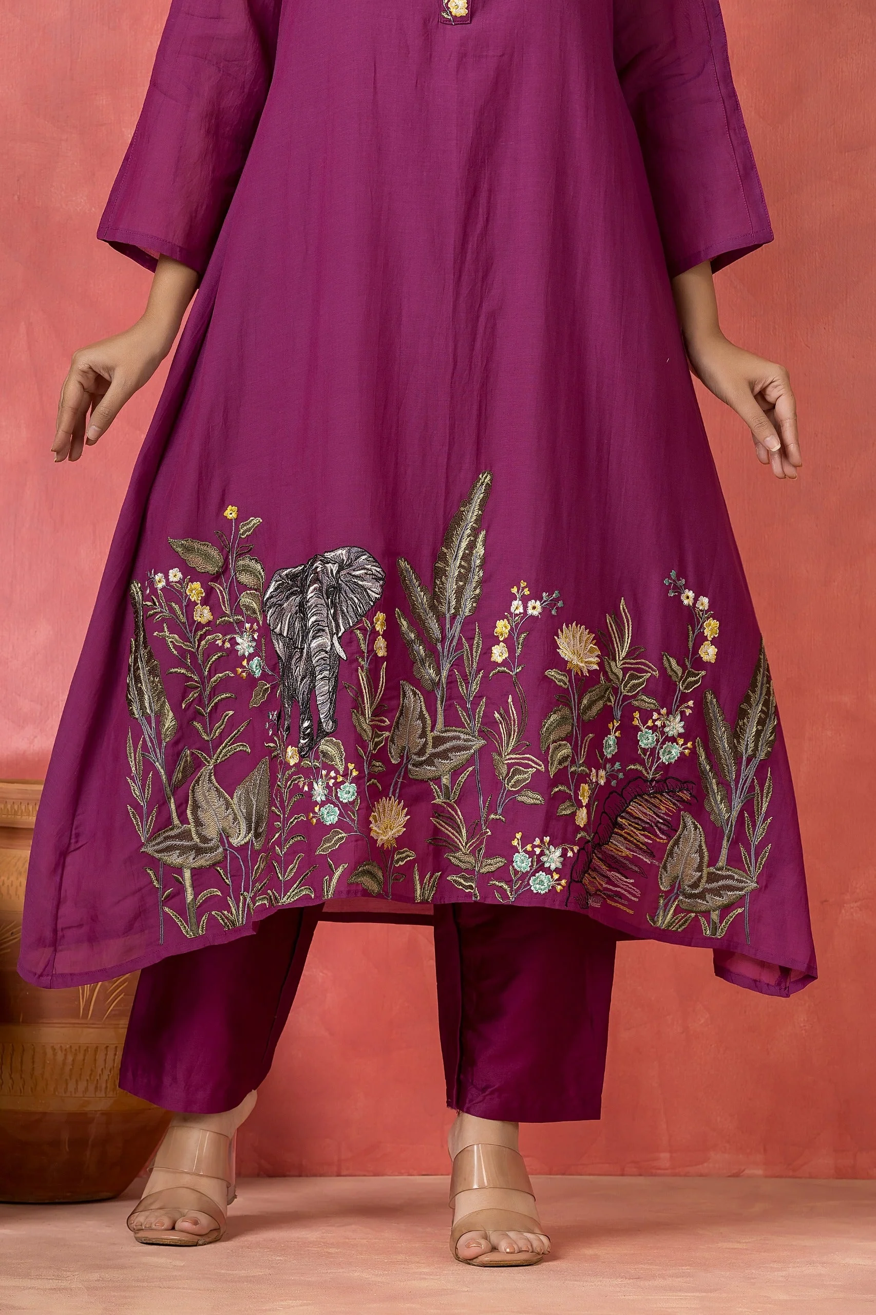 Deep Magenta Embellished Mul-Chanderi Silk Pant Set - Image 2