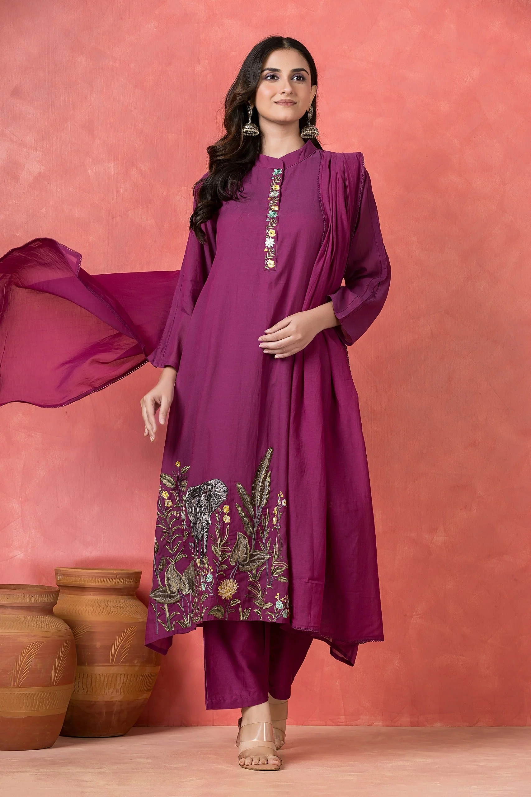 Deep Magenta Embellished Mul-Chanderi Silk Pant Set - Image 3