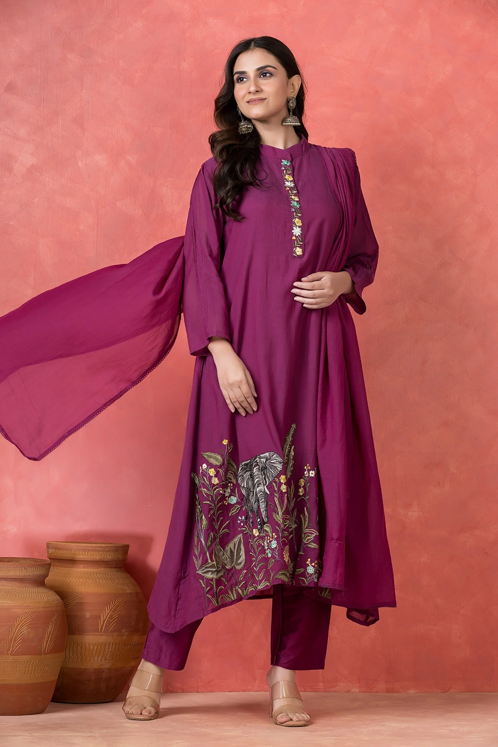Deep Magenta Embellished Mul-Chanderi Silk Pant Set - Image 4