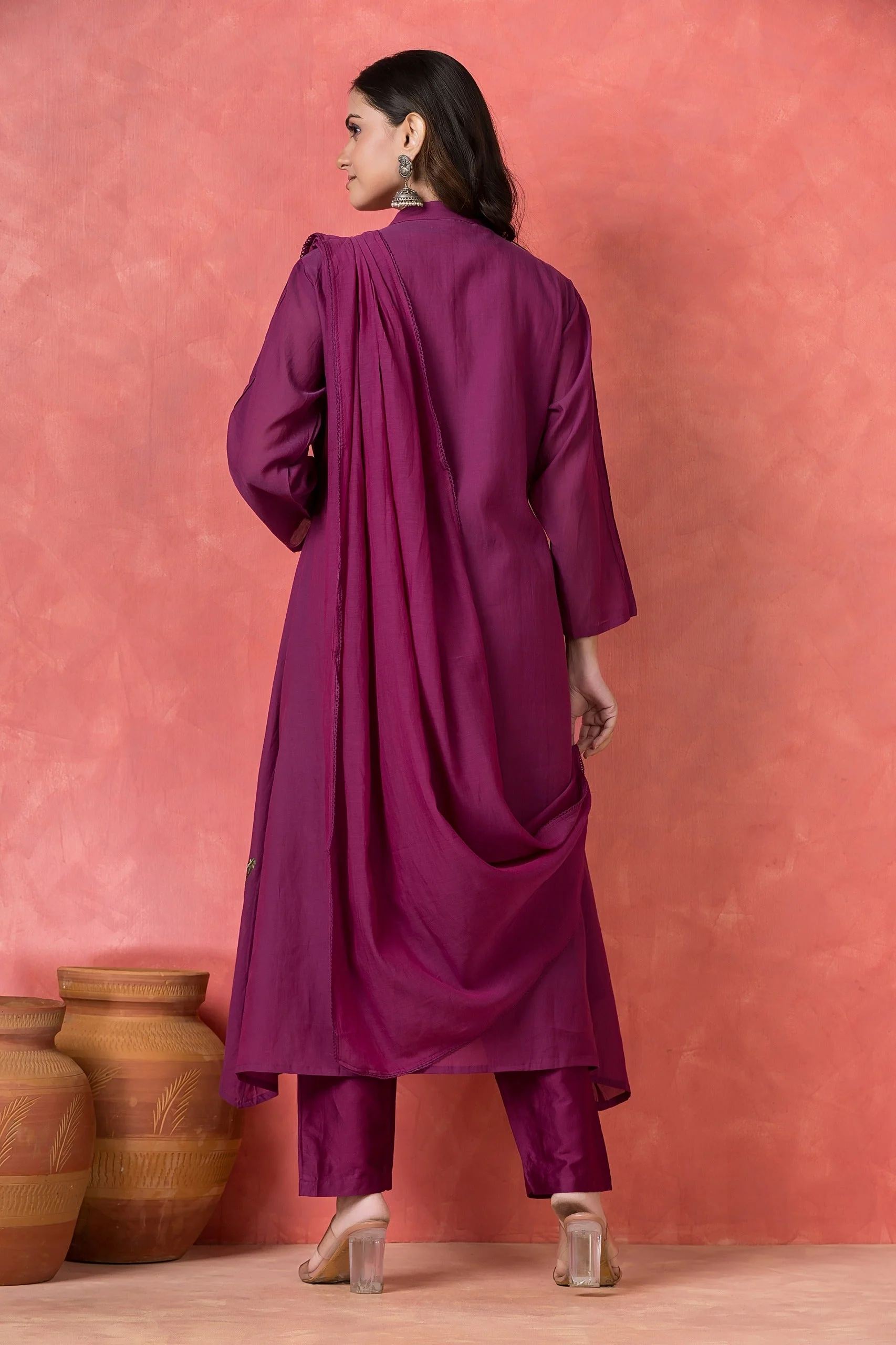 Deep Magenta Embellished Mul-Chanderi Silk Pant Set - Image 5