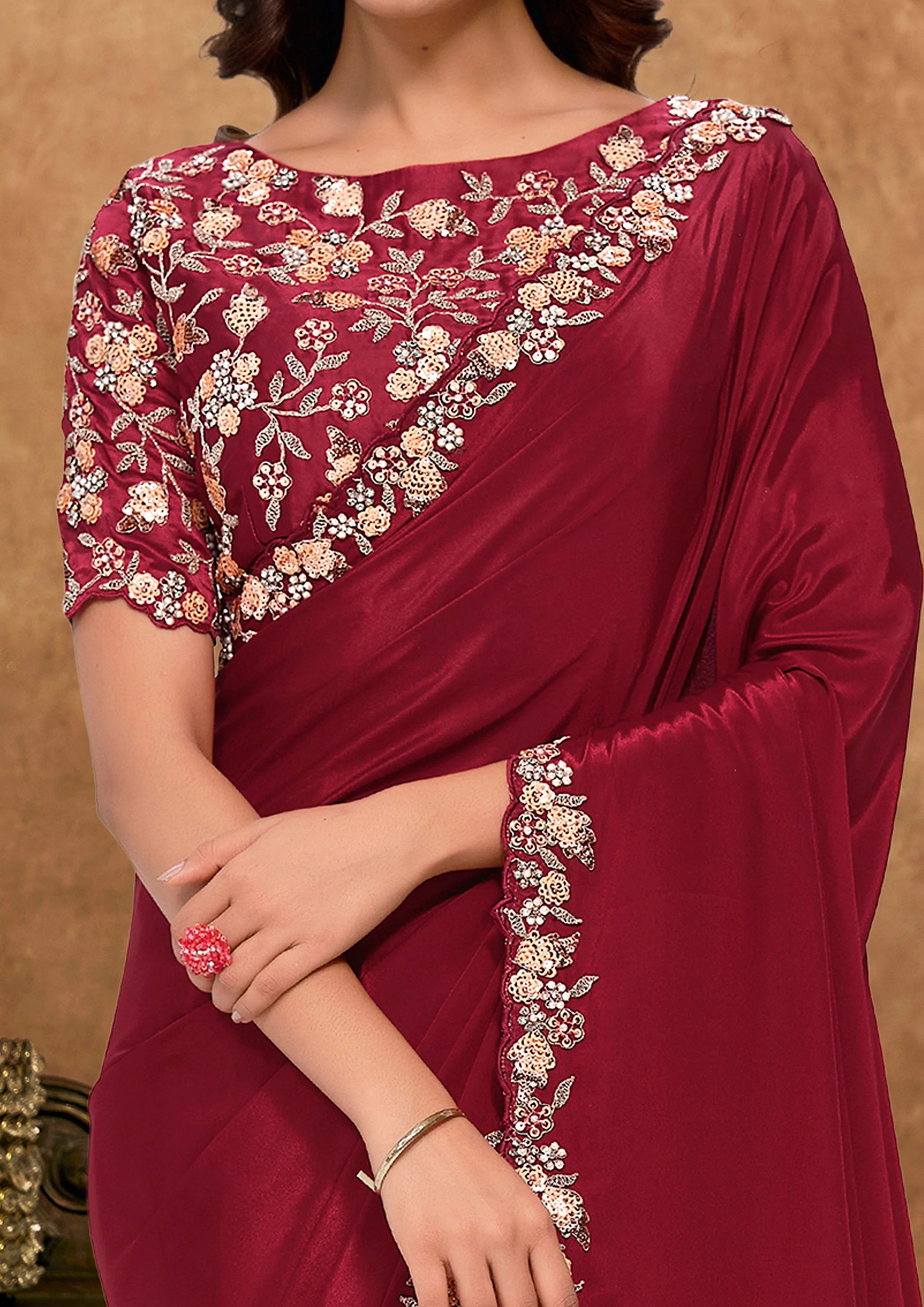 Deep Maroon Embellished Satin Silk Saree - Image 2