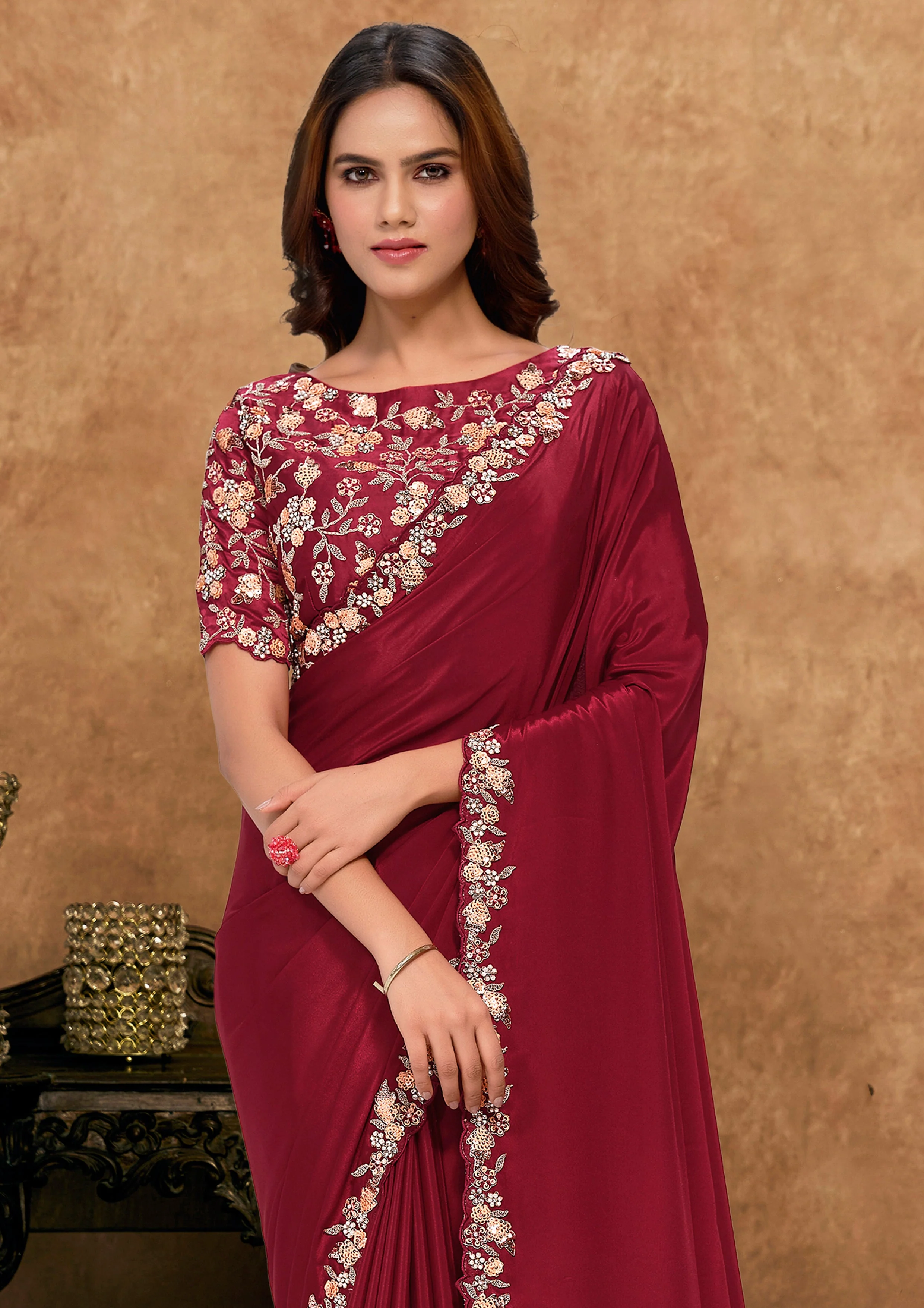 Deep Maroon Embellished Satin Silk Saree - Image 3