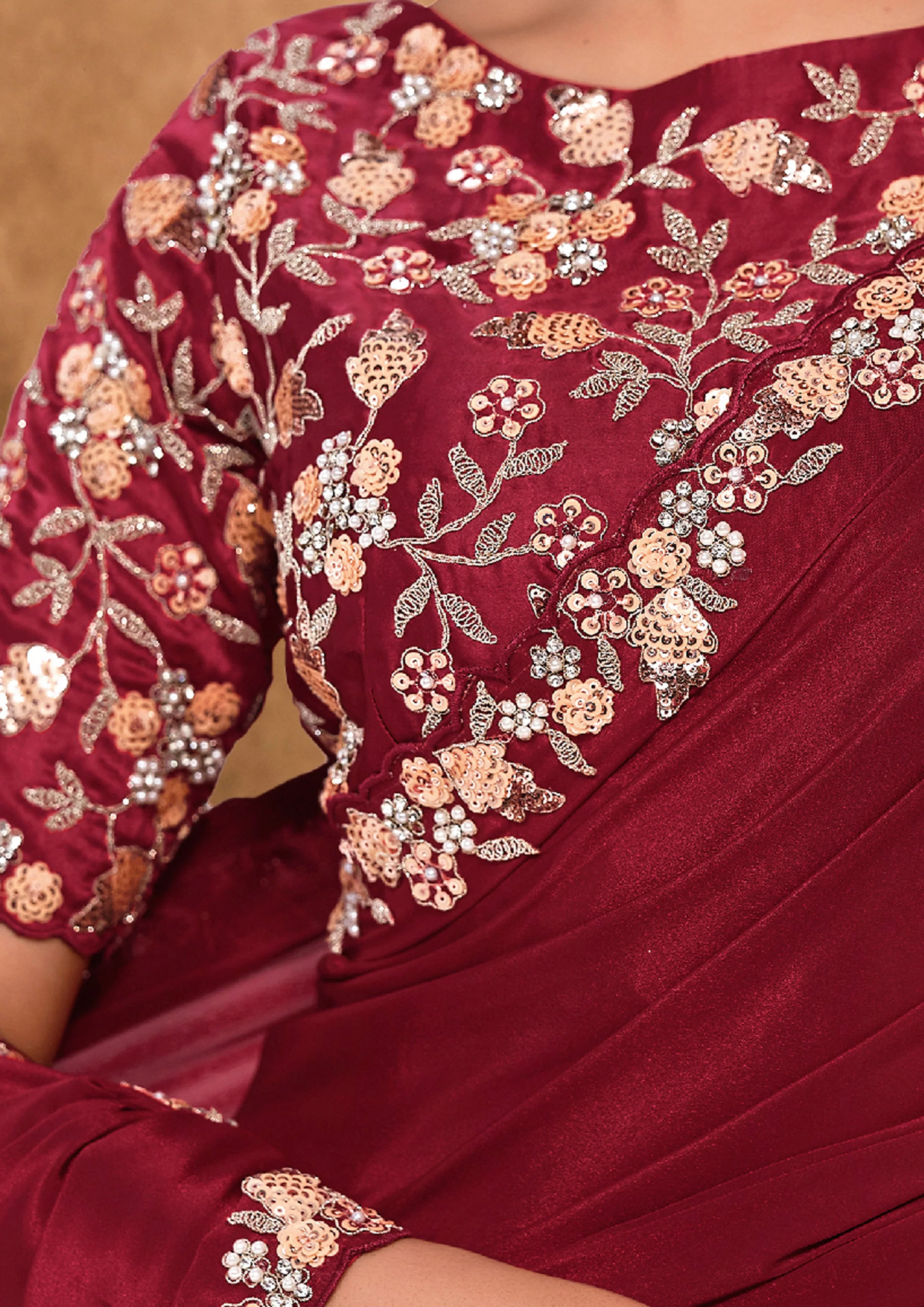 Deep Maroon Embellished Satin Silk Saree - Image 4