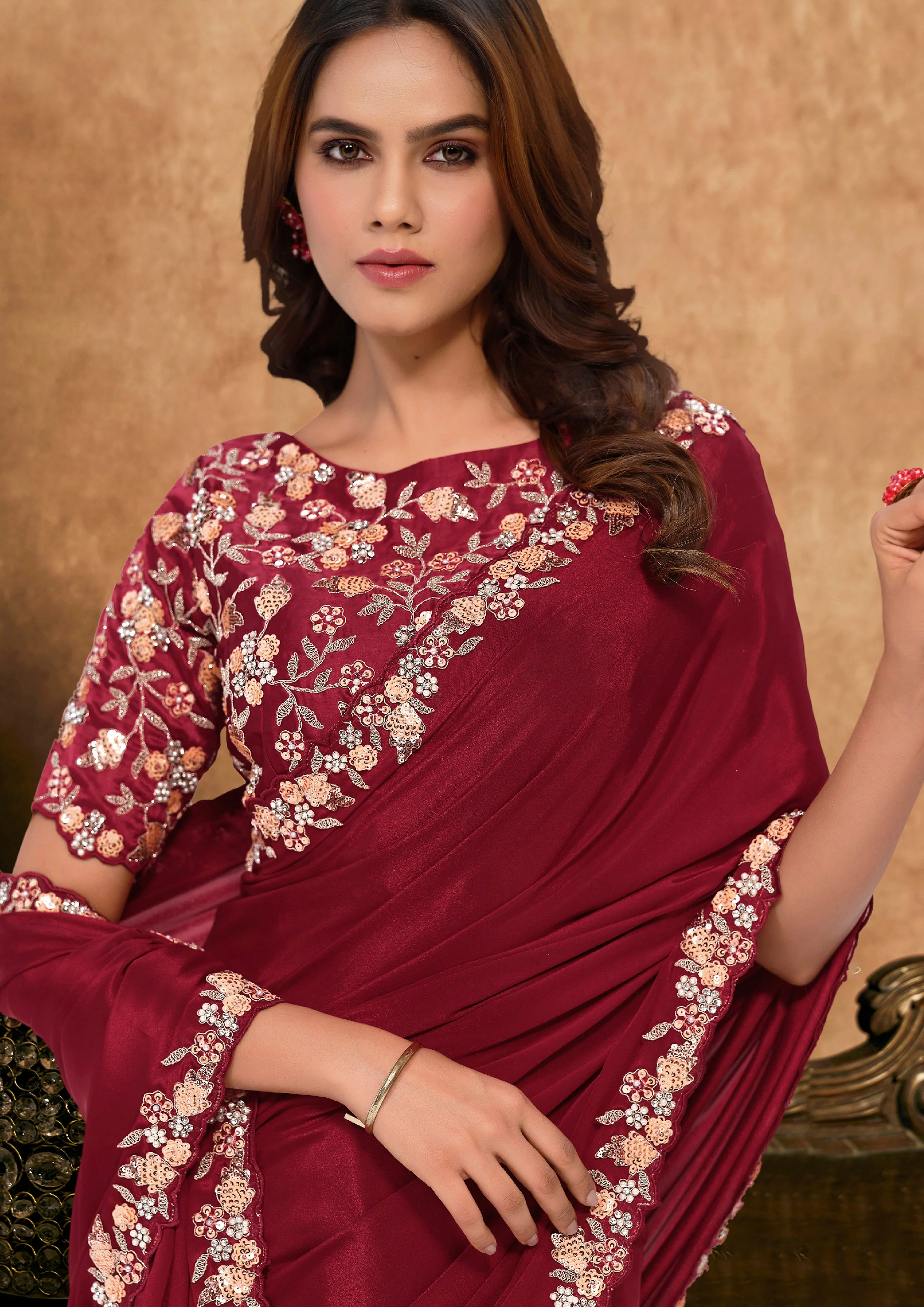 Deep Maroon Embellished Satin Silk Saree - Image 5