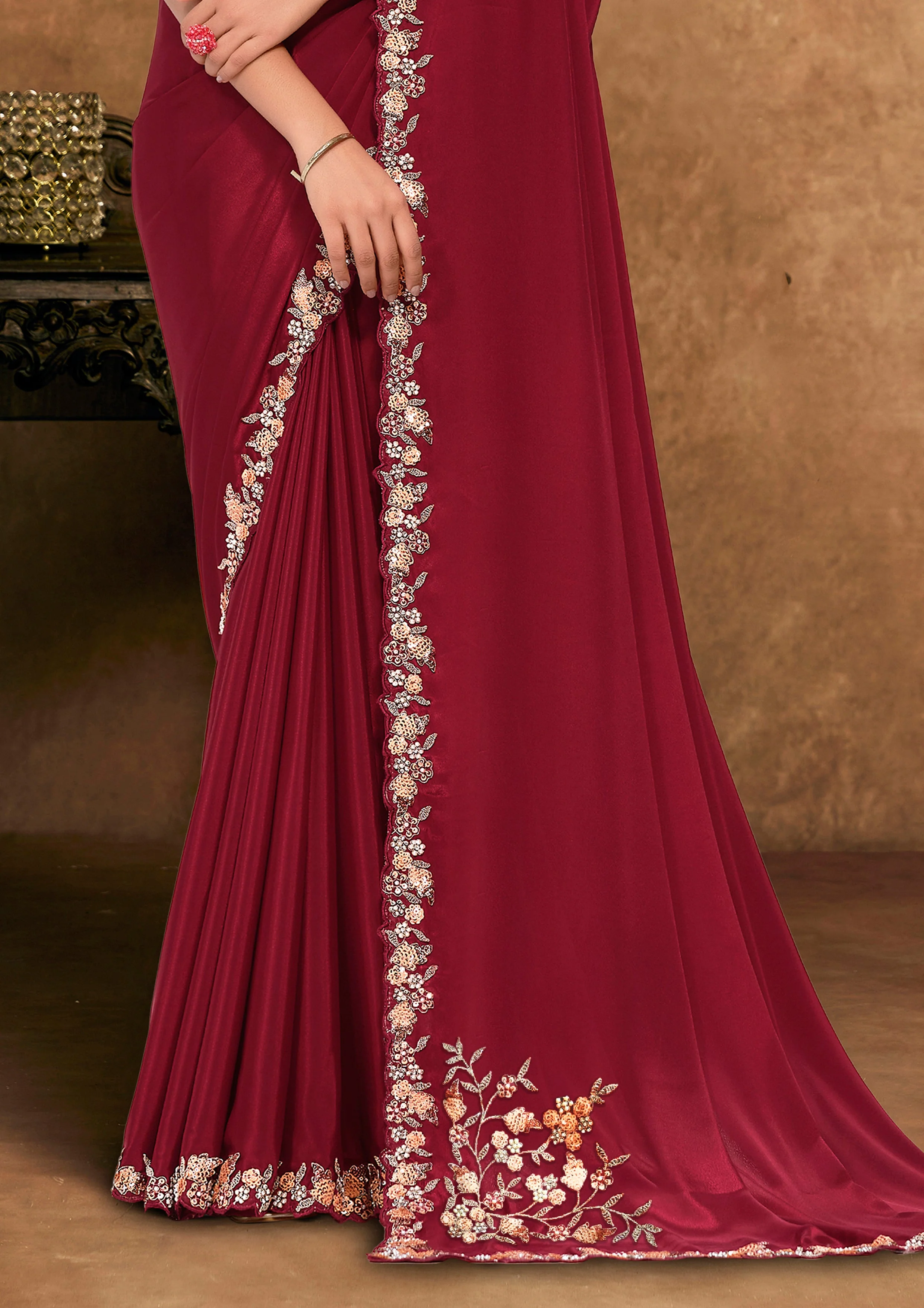 Deep Maroon Embellished Satin Silk Saree - Image 6