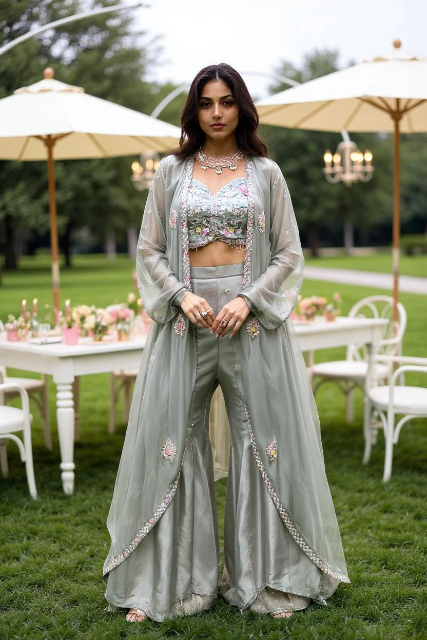 Bright Grey Embellished Viscose Silk Cape Set - Image 3