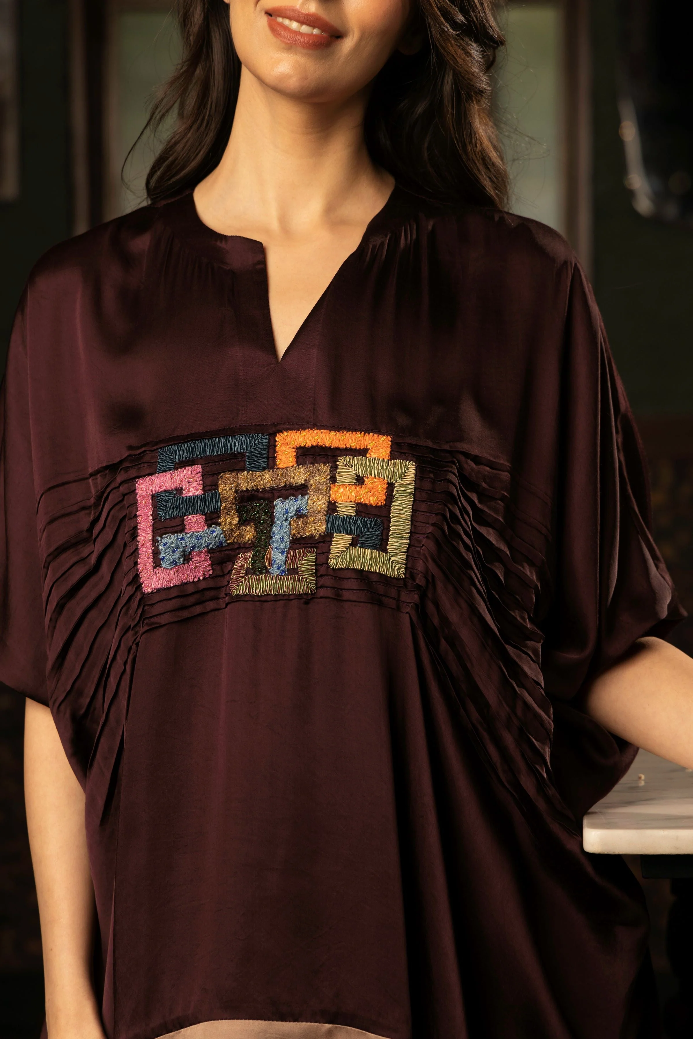 Deep Maroon Embroidered Satin Silk Co-Ord Set - Image 2