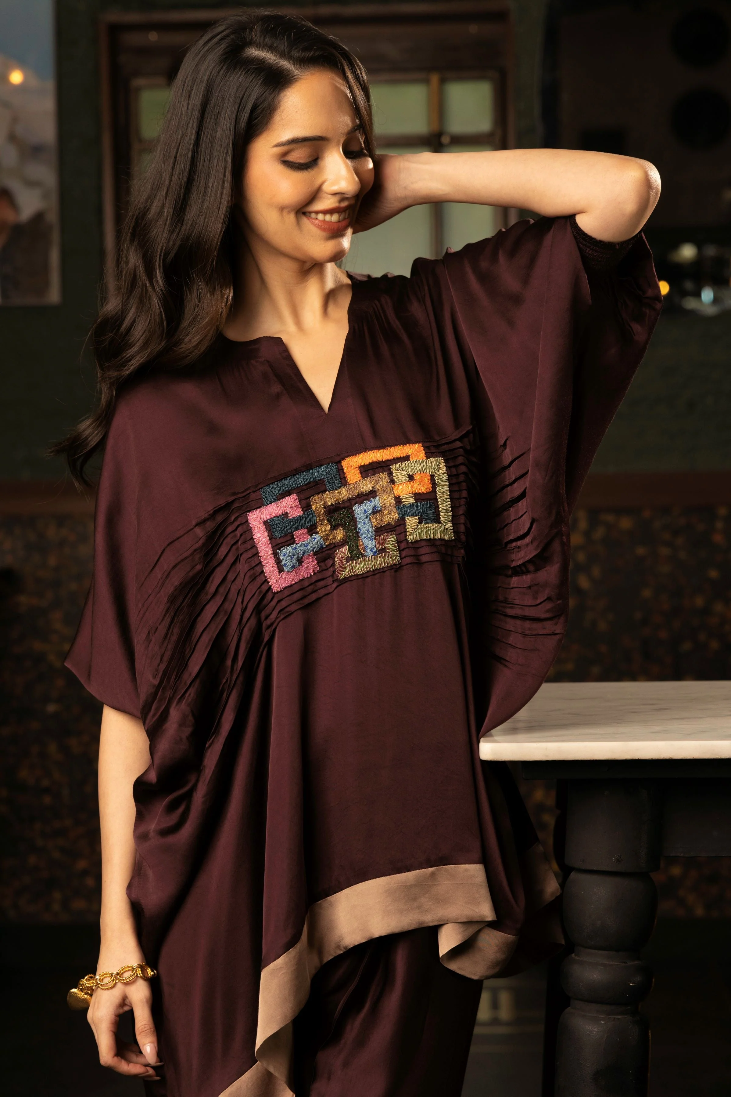 Deep Maroon Embroidered Satin Silk Co-Ord Set - Image 3