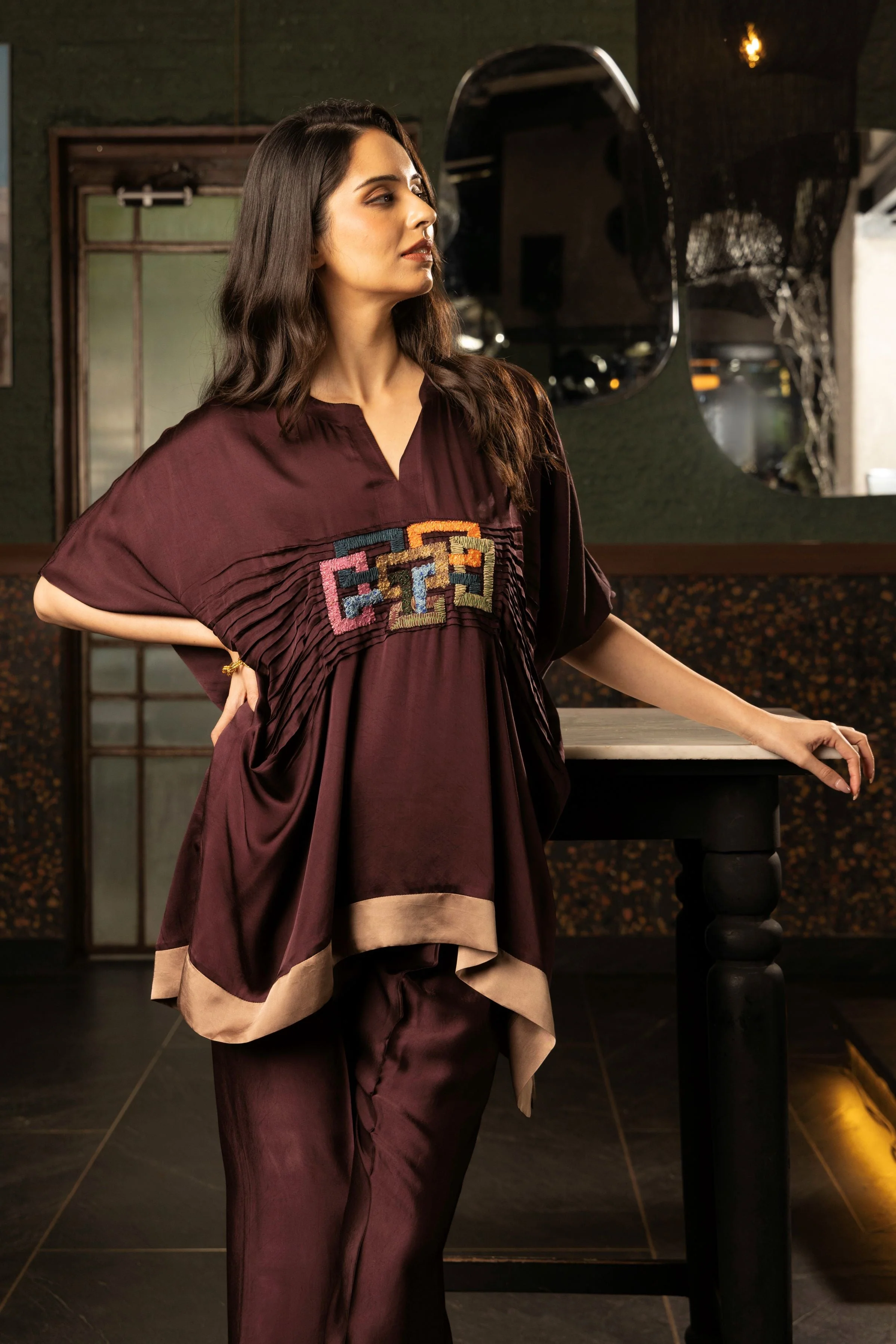 Deep Maroon Embroidered Satin Silk Co-Ord Set - Image 4