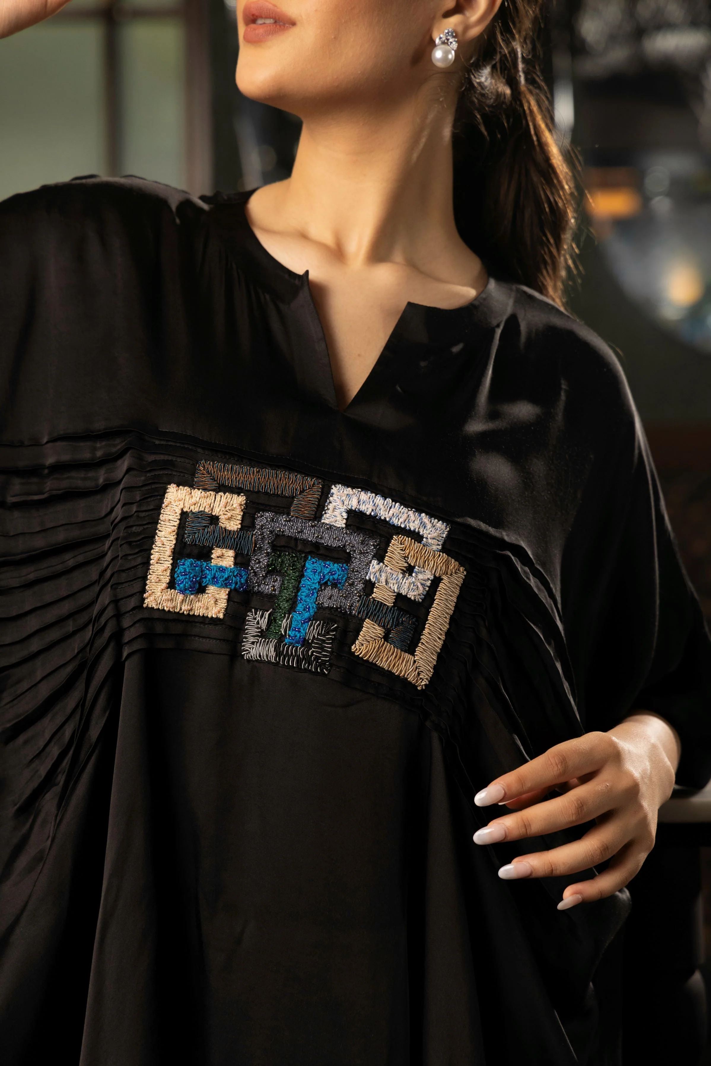 Classic Black Embroidered Satin Silk Co-Ord Set - Image 2