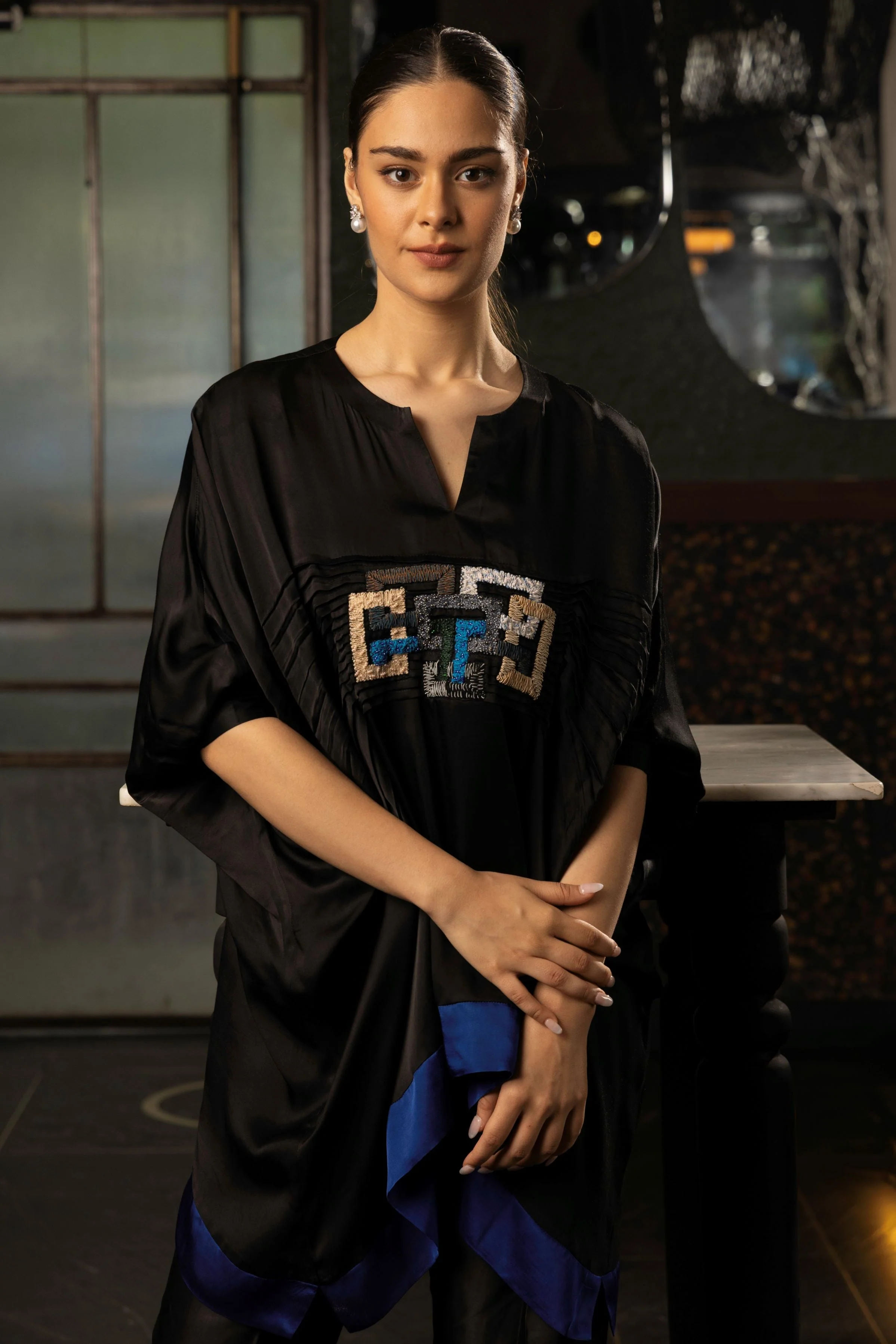 Classic Black Embroidered Satin Silk Co-Ord Set - Image 4