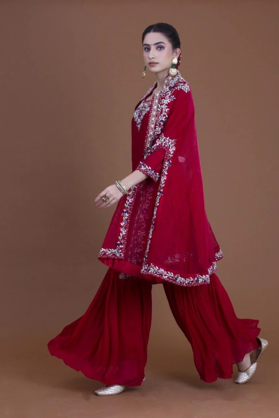 Deep Maroon Kurta, Sharara And Cape Set - Image 2