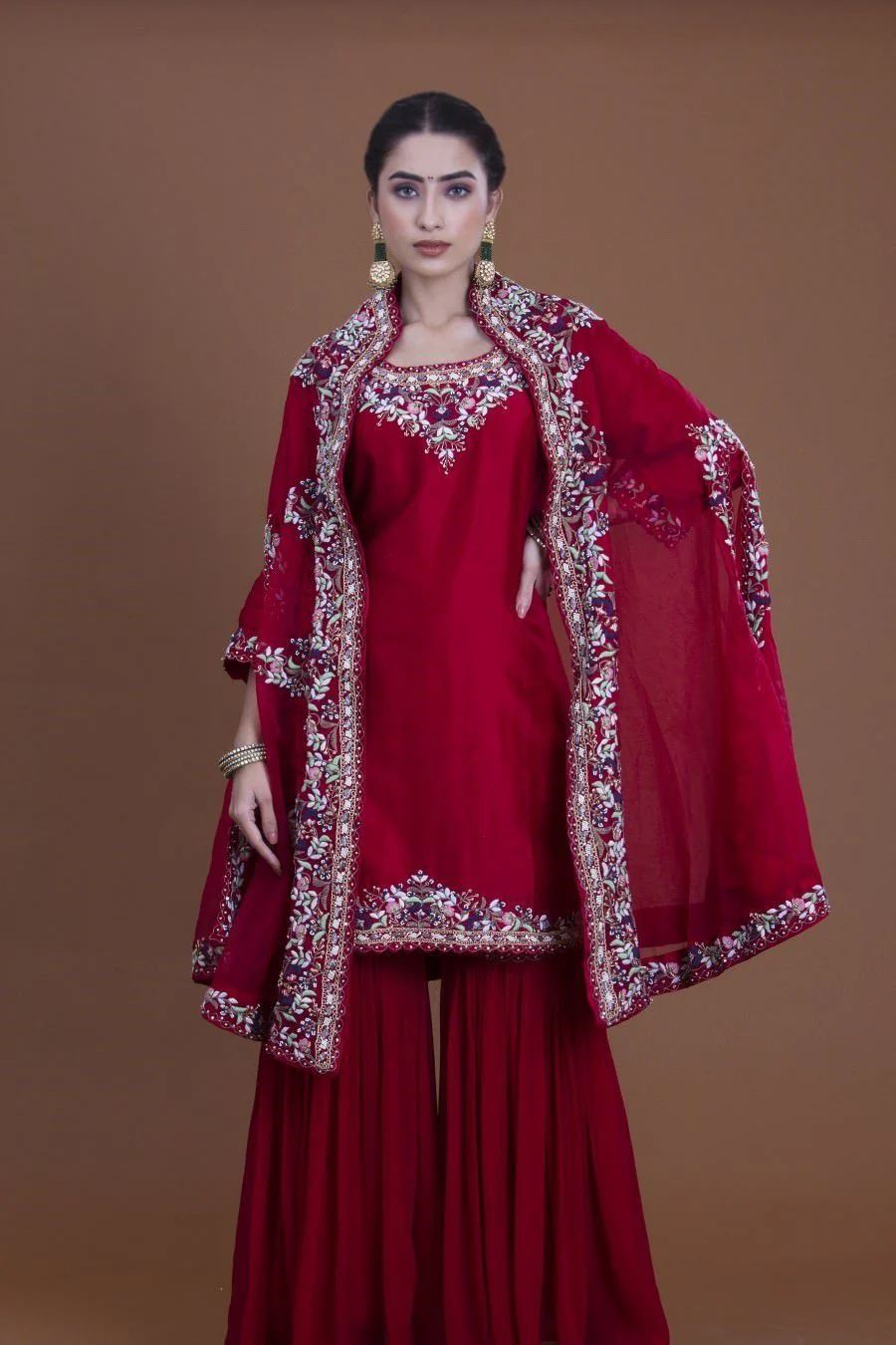 Deep Maroon Kurta, Sharara And Cape Set - Image 3
