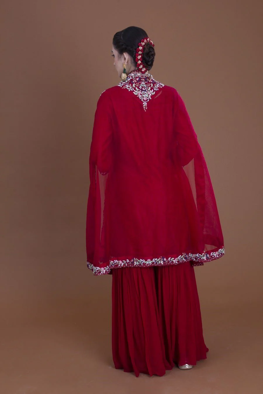 Deep Maroon Kurta, Sharara And Cape Set - Image 5