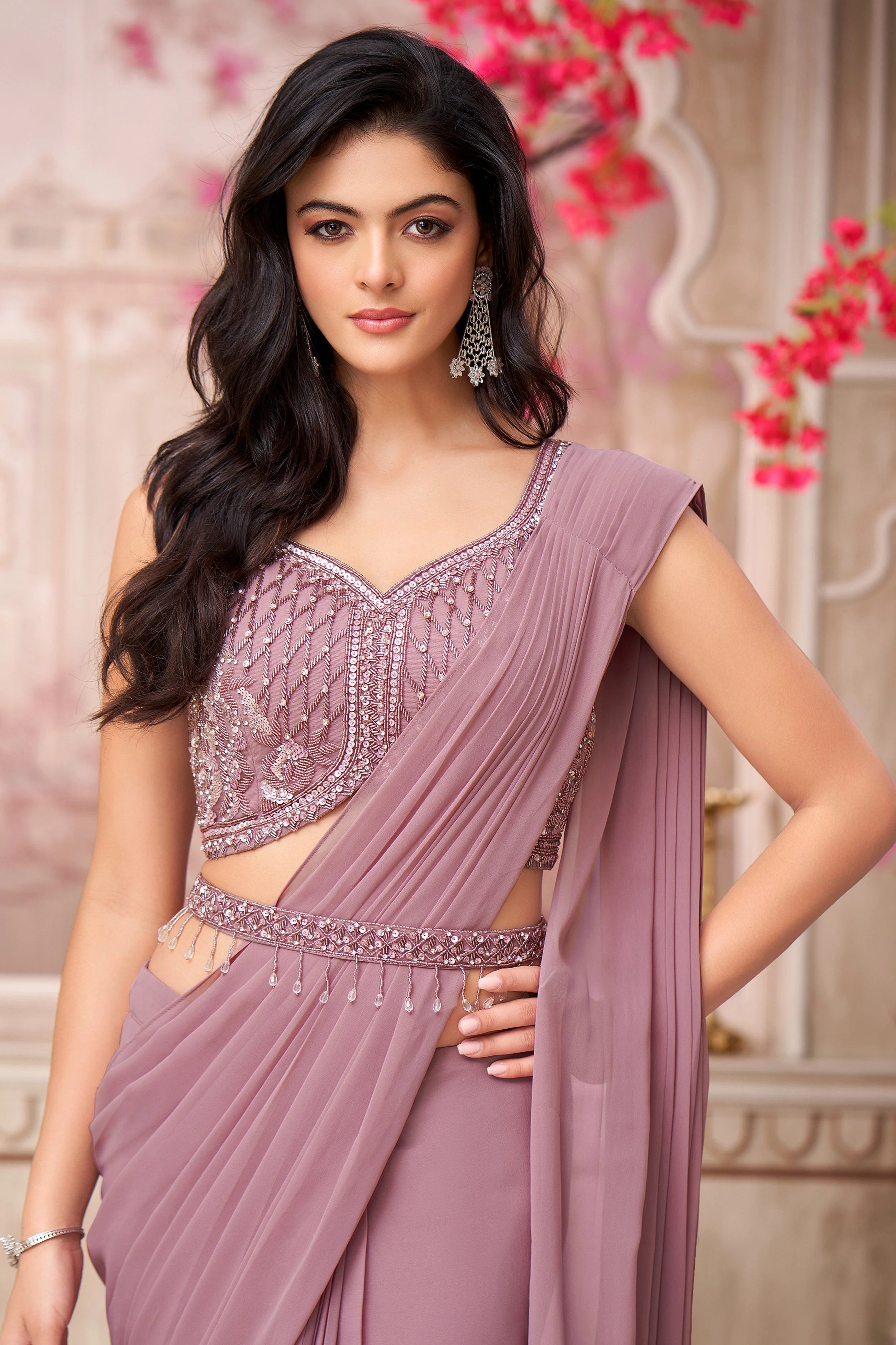 Deep Mauve Draped Saree - Image 2