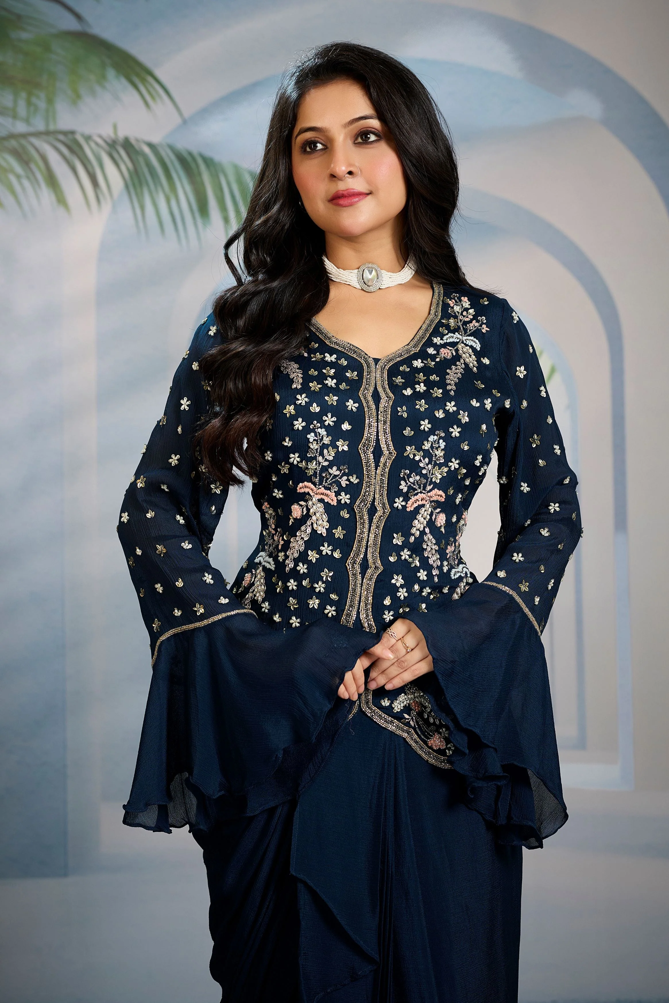 Teal Embellished Chinon Silk Skirt Set - Image 3