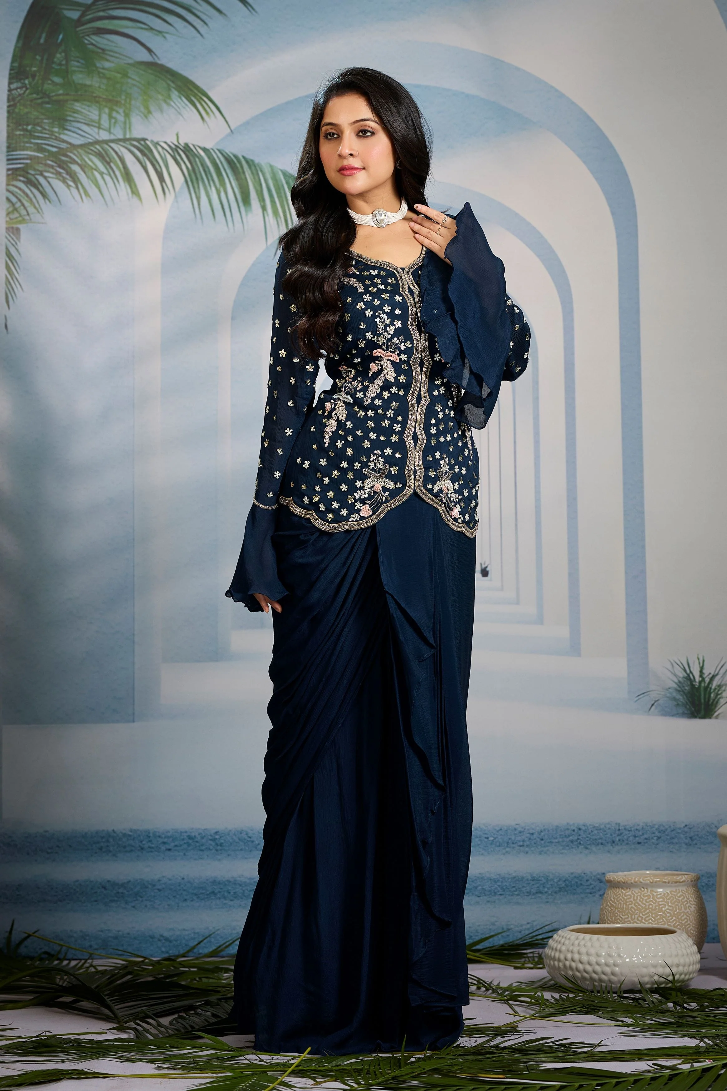 Teal Embellished Chinon Silk Skirt Set - Image 4