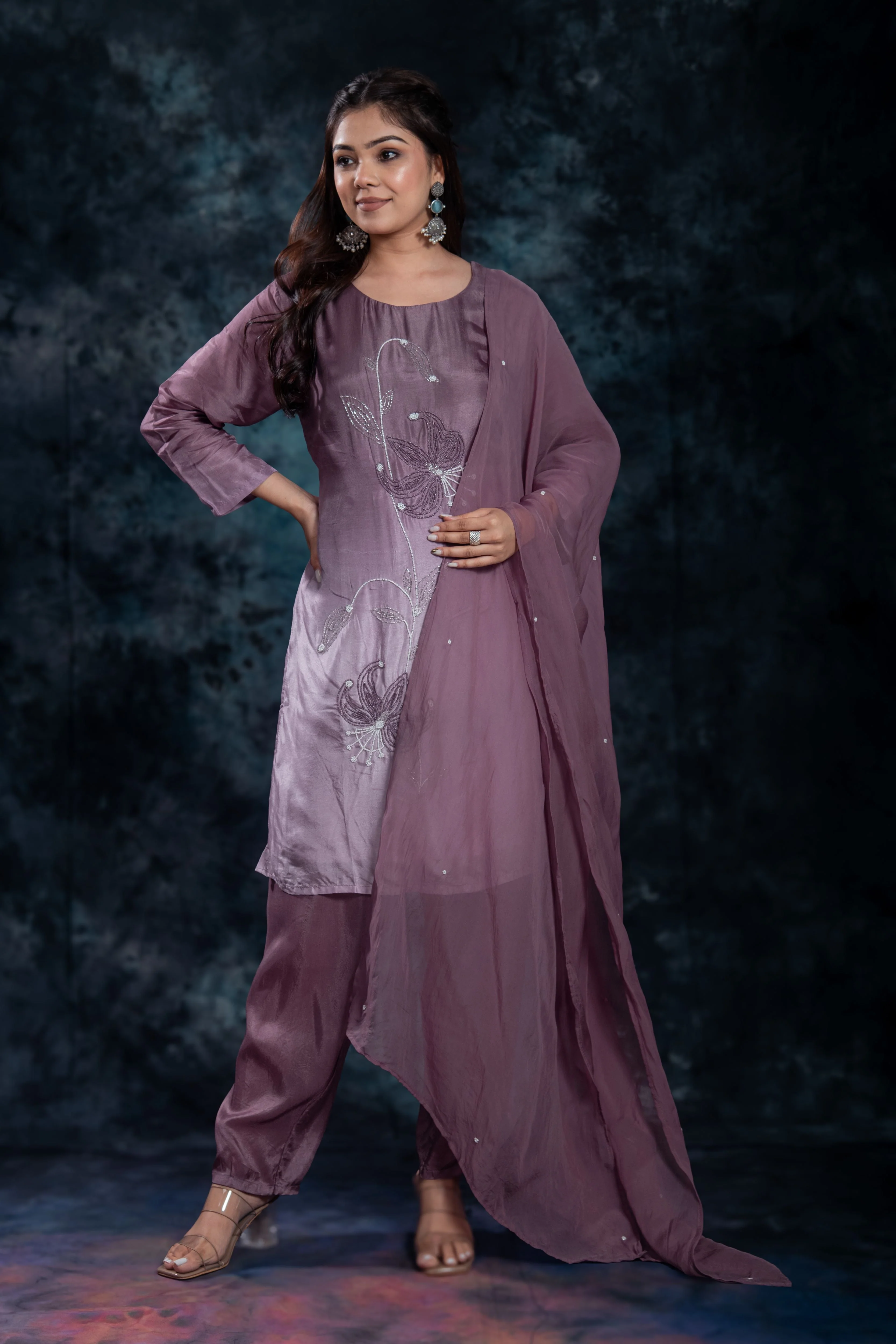 Deep Mauve Embellished Premium Silk Pants Set - Image 2