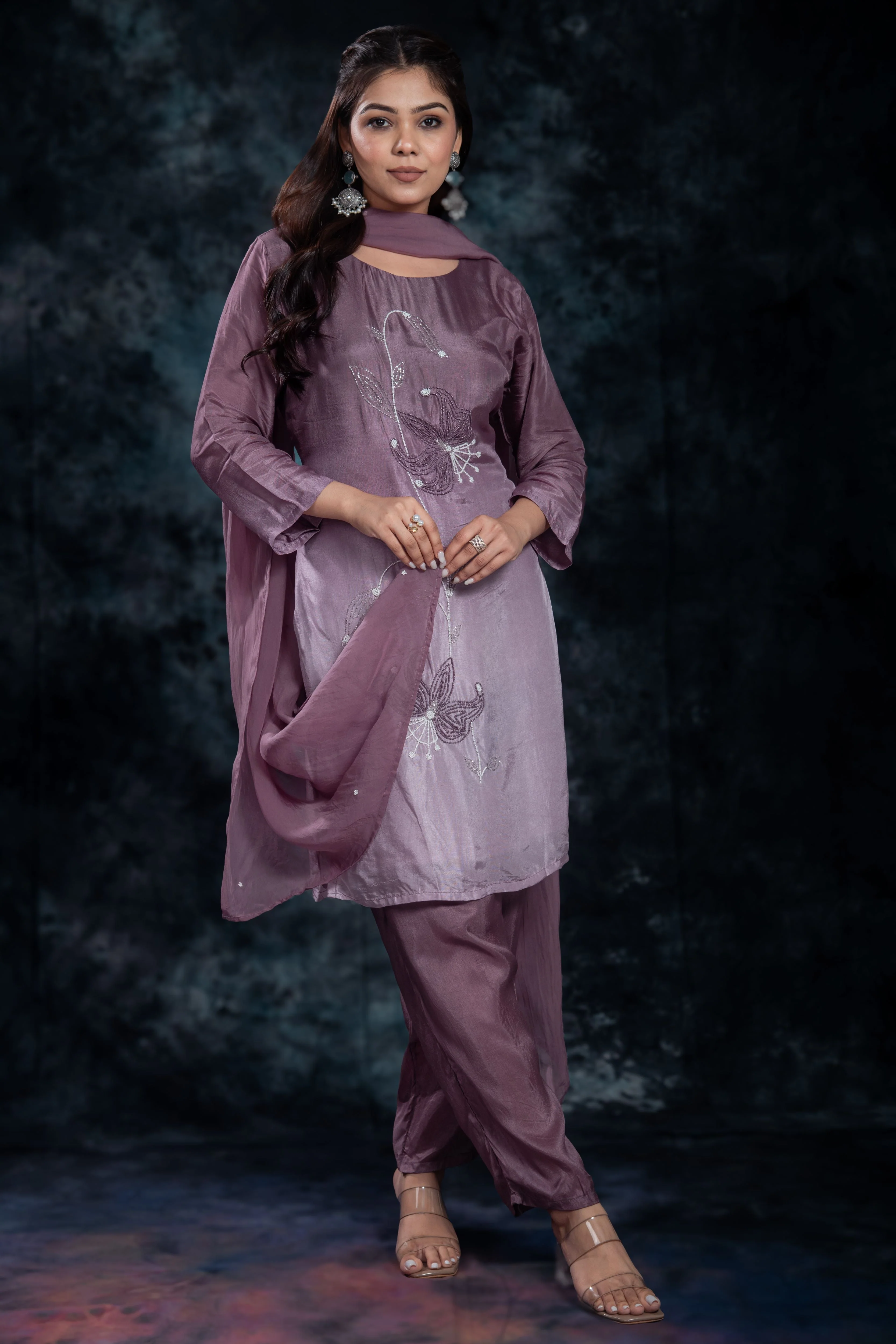 Deep Mauve Embellished Premium Silk Pants Set - Image 3