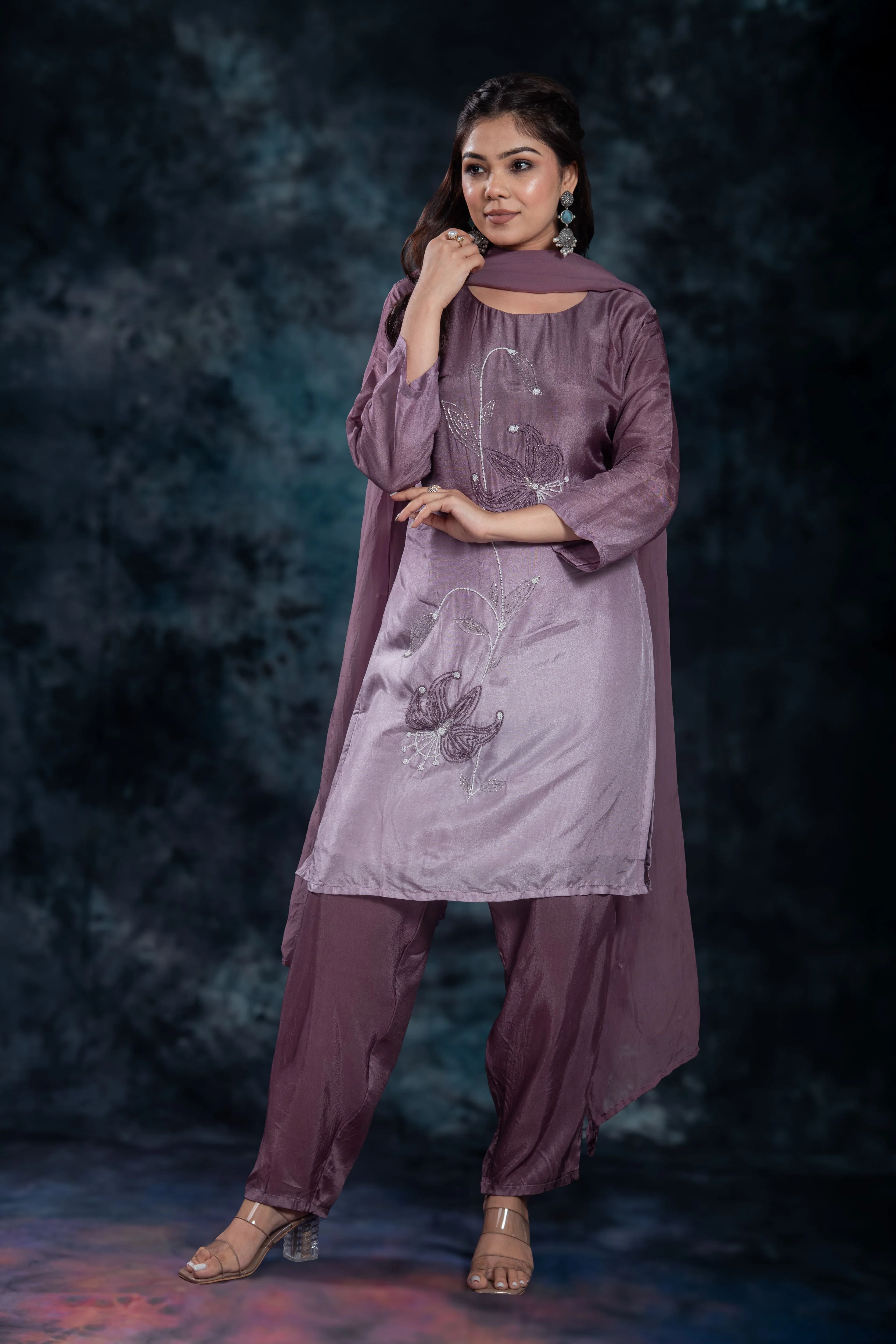 Deep Mauve Embellished Premium Silk Pants Set - Image 4