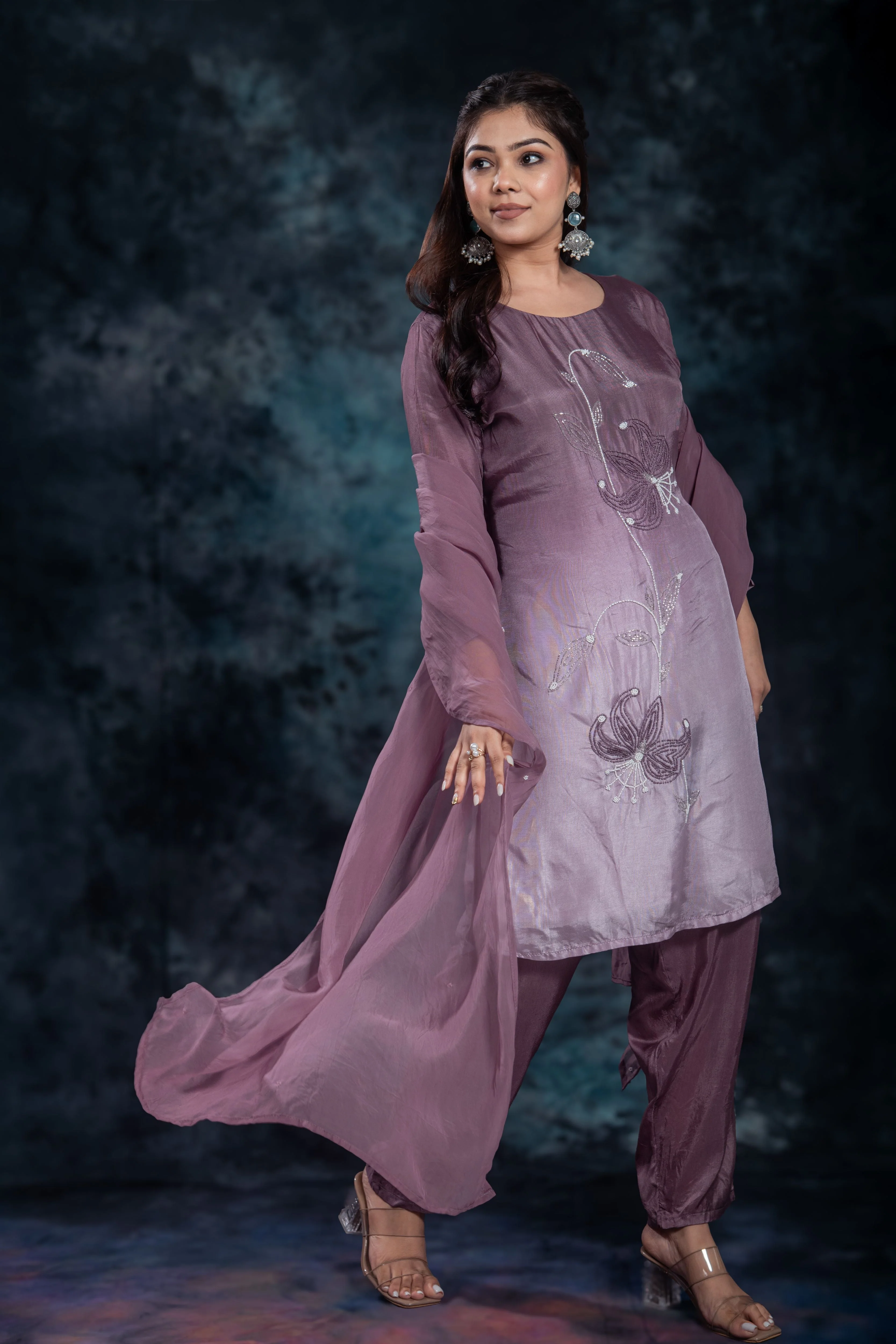 Deep Mauve Embellished Premium Silk Pants Set - Image 5