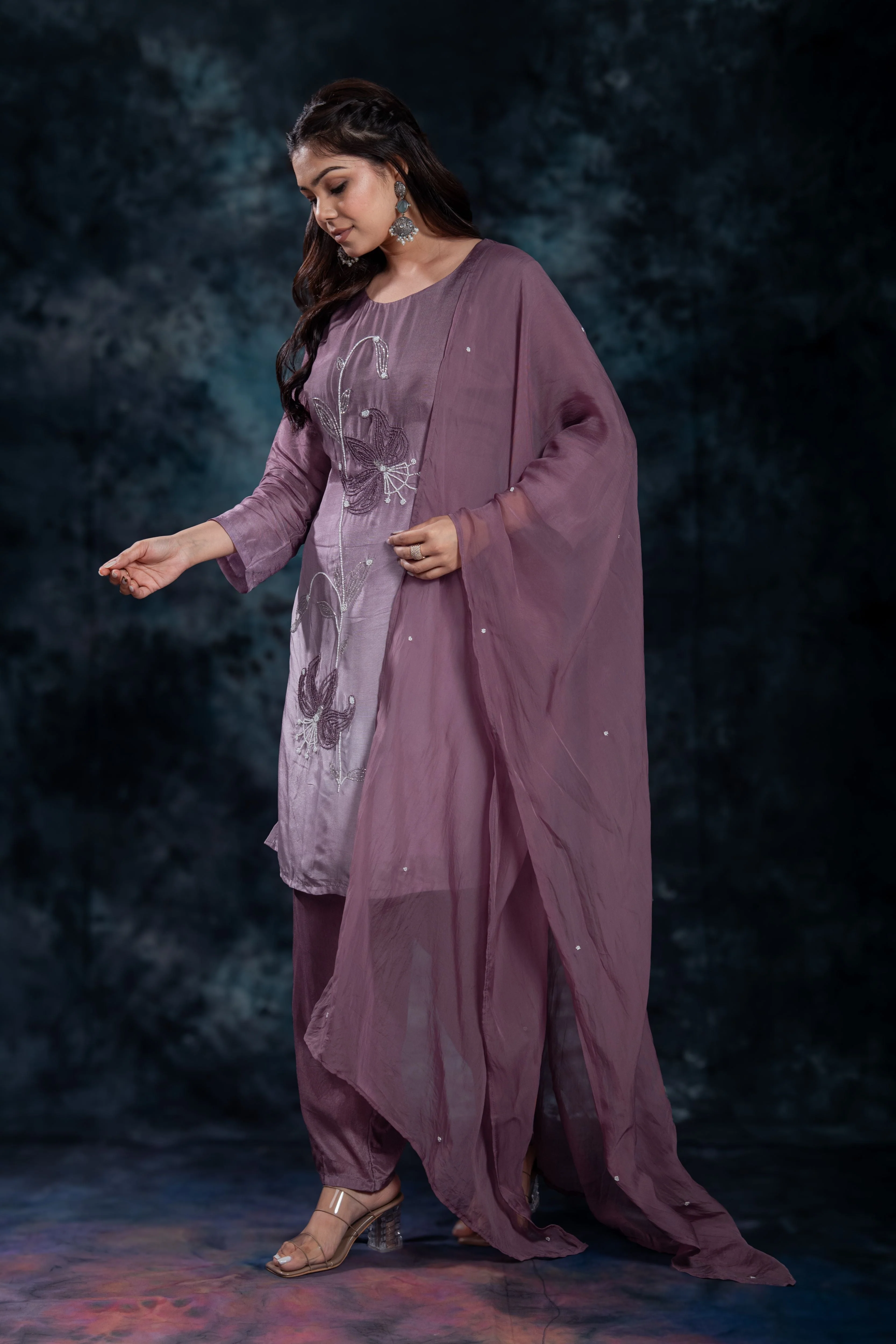 Deep Mauve Embellished Premium Silk Pants Set - Image 6