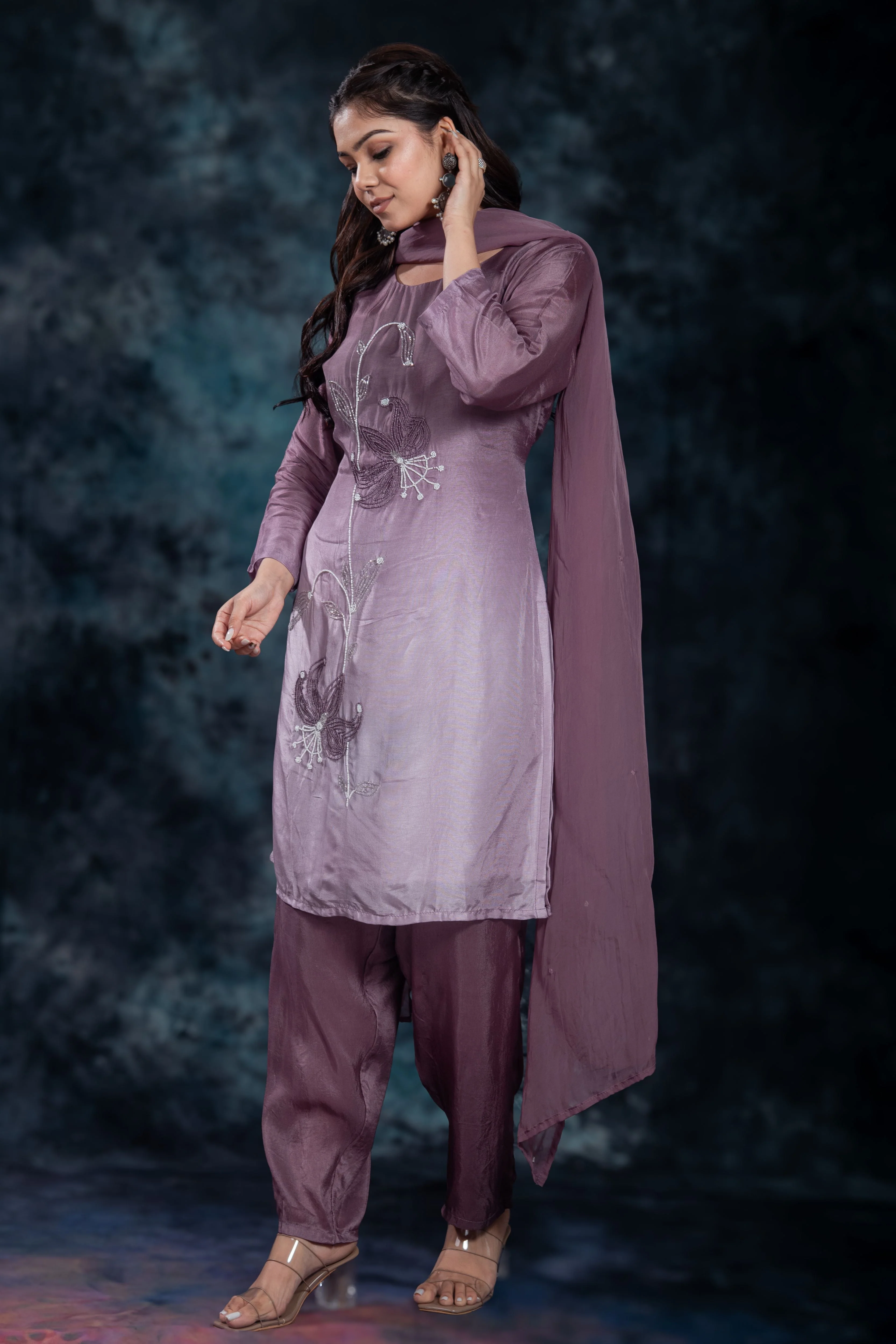 Deep Mauve Embellished Premium Silk Pants Set - Image 7