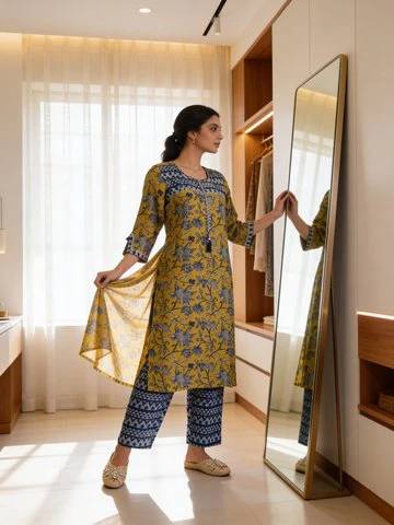 Deep Mustard Yellow Printed Muslin Silk Pant Set - Image 2