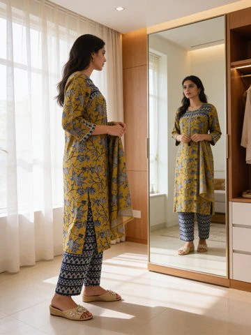 Deep Mustard Yellow Printed Muslin Silk Pant Set - Image 3